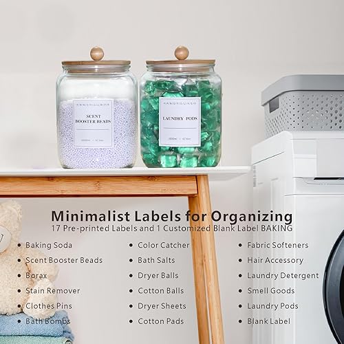 Miniatura 5 de Paquete de 2 tarros de vidrio de medio galón para organización y almacenamiento de lavandería, recipientes de vidrio con tapas de bambú, 18