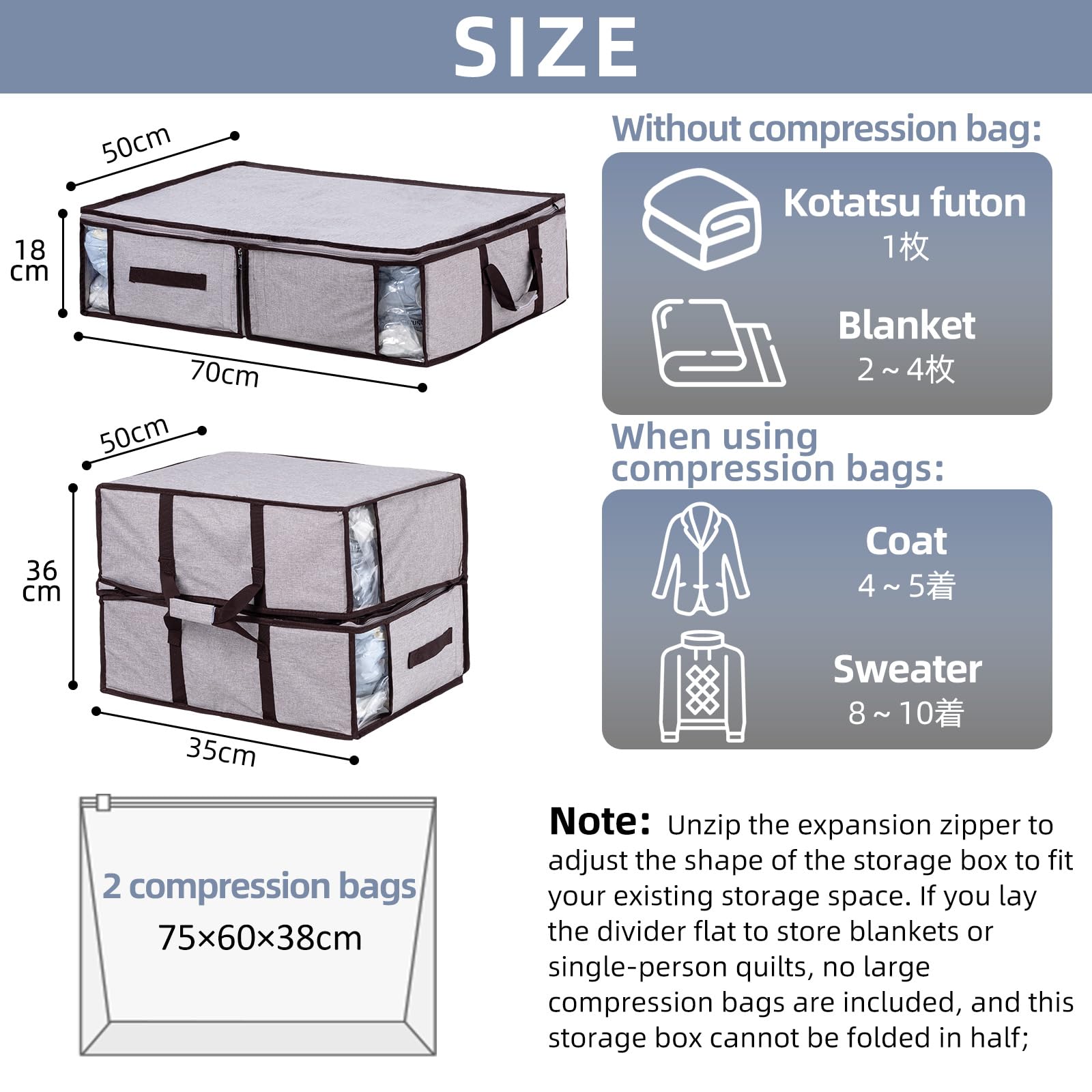 TAILI Sacchetti sottovuoto con scatola, 70 x 50 x 18 cm, 2 in 1 | Pieghevole sotto il letto, resistente all'usura, risparmia l'80% di spazio in più per piumini, vestiti, biancheria da letto