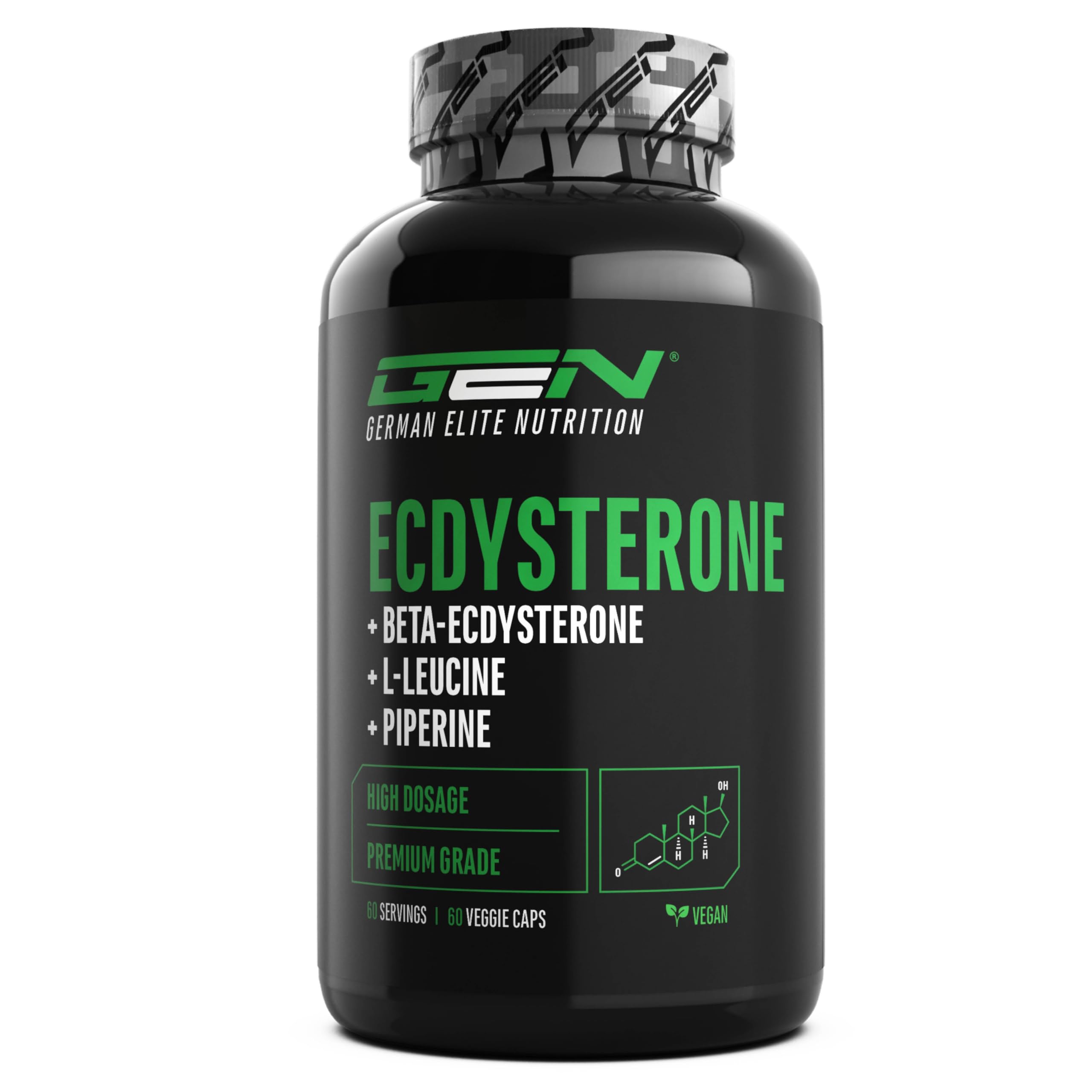 Ecdysterone Complex - Altamente dosato con 760 mg per pezzo - Premium: 90% Beta-Ecdysterone + L-Leucina + Piperina - 60 capsule - Vegan