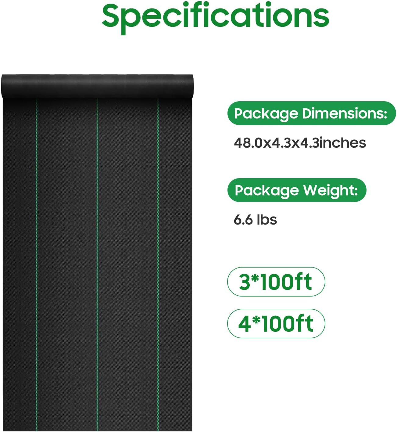 Weed Barrier Landscape Fabric, Heavy Duty Polypropylene, Black, 3x100 Feet, Water Permeable, Tear-Resistant for Gardening (4FT × 100FT)