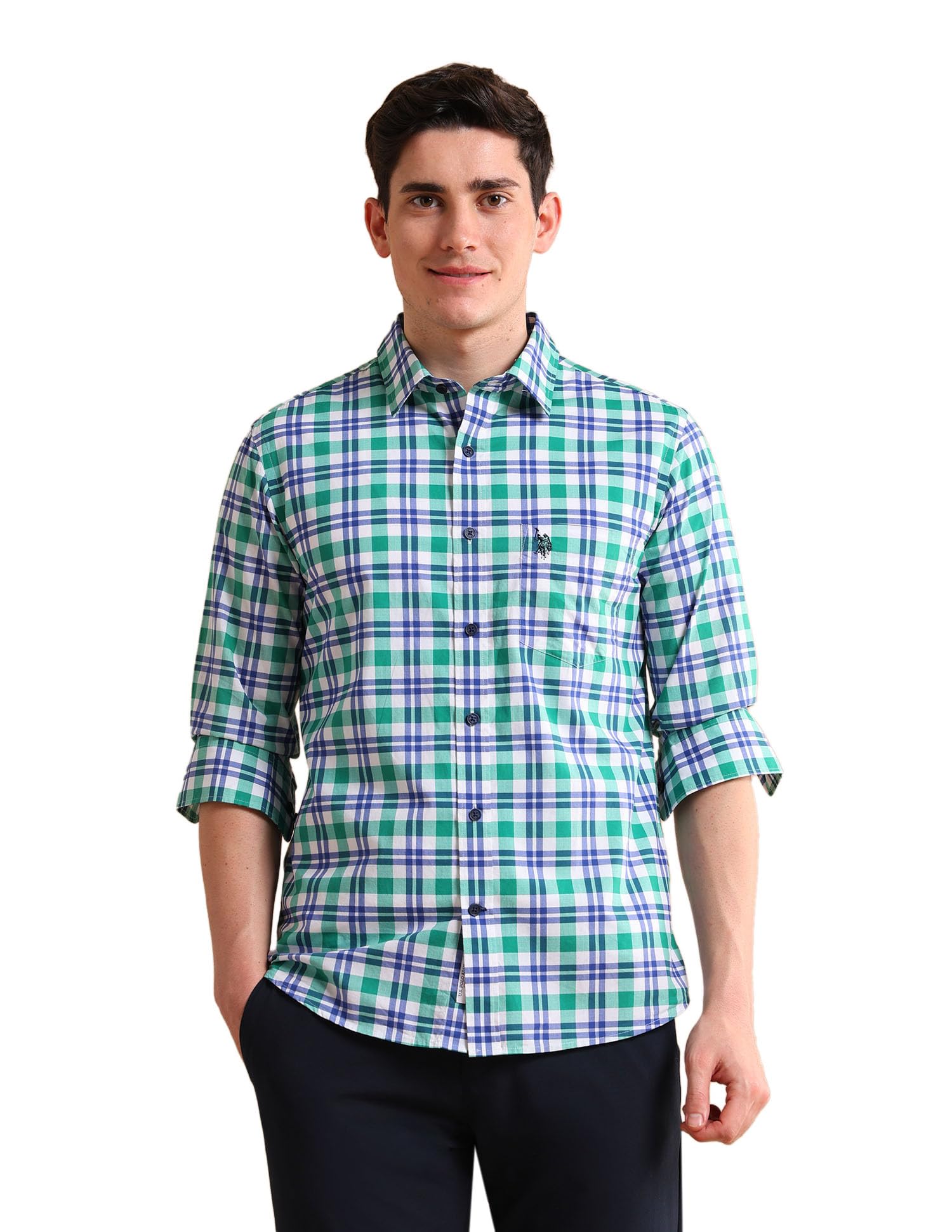 U.S. POLO ASSN. Mens Checks FS Shirts (USSHTFX0069_Green_M)