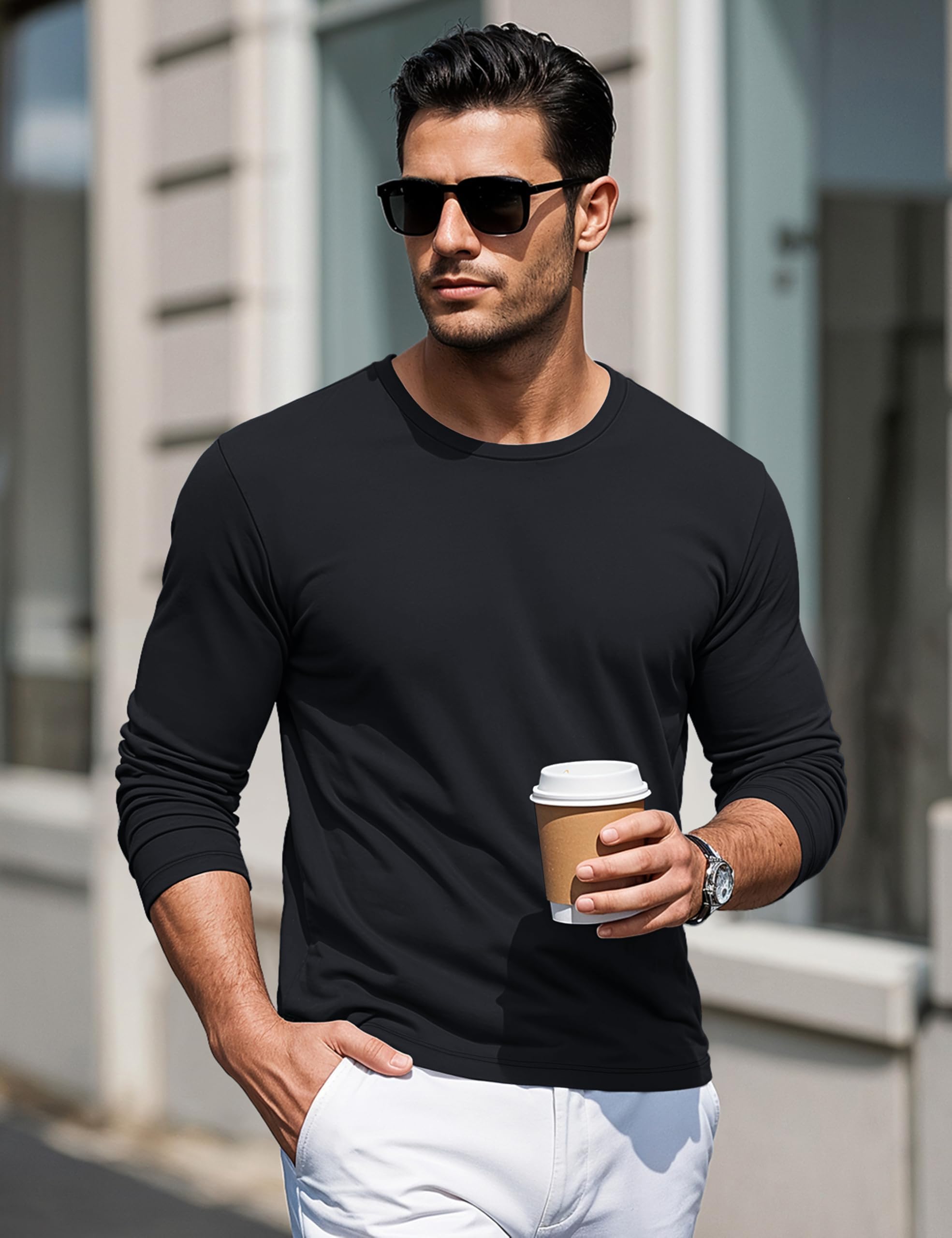 MAGCOMSEN Hommes T-Shirt à Coton Manches Longues avec Encolure Ronde Base Décontractée