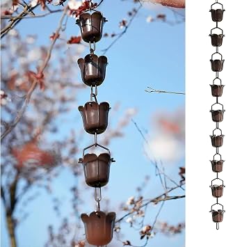 Rain Chain, Flower Cup Rain Catcher Chain for Gutters Outside, Rain Chain Cups to Replace Gutter Downspout, Divert Water and Home Decorative Rain Chain, Aluminium AlloyBrown,2.8m 9.2ft