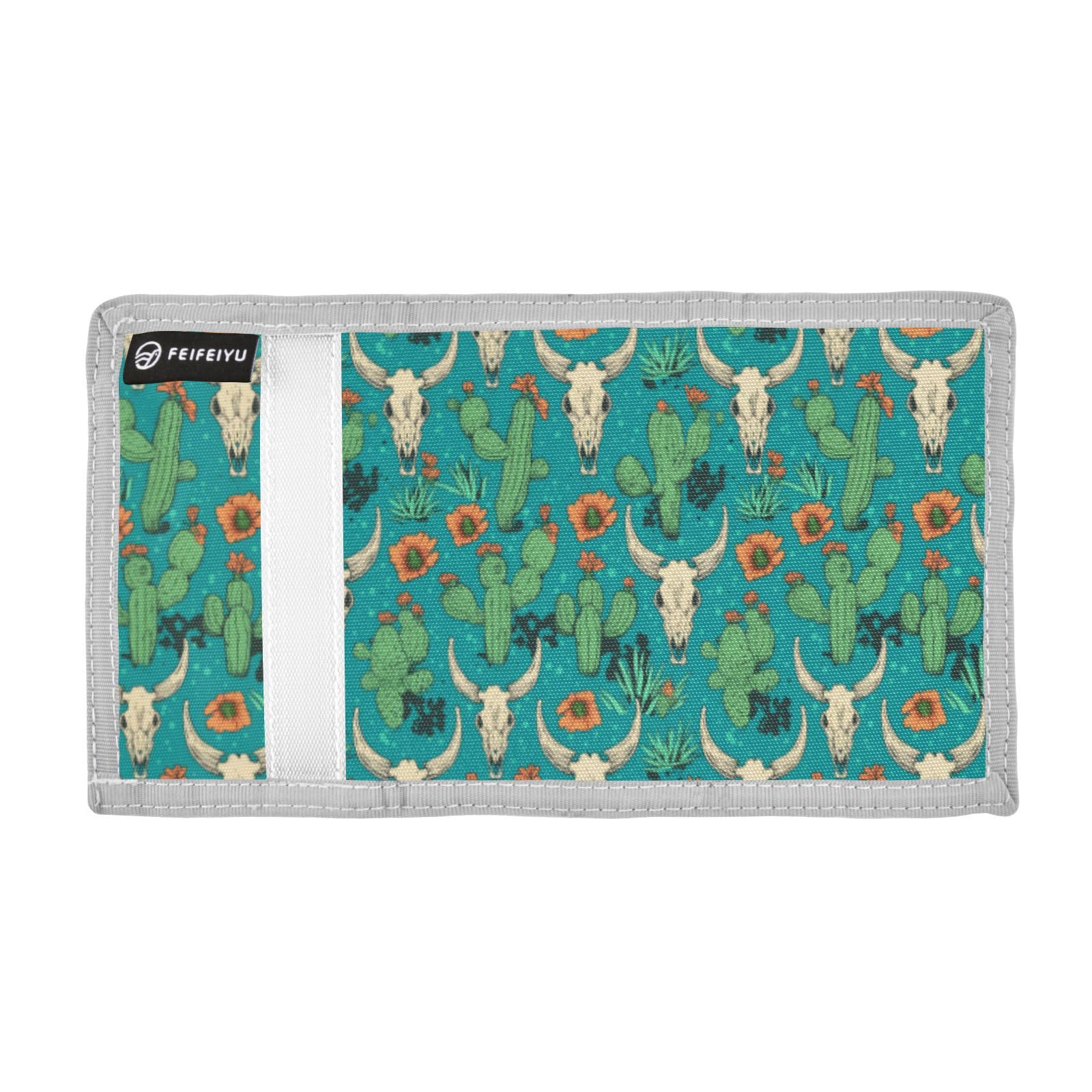 Wusikd Cactus Cow Skull Kids Wallet for Boys Girls Retro Cartoon Toddler Trifold Wallet Novelty Wallet for Teens Women Men