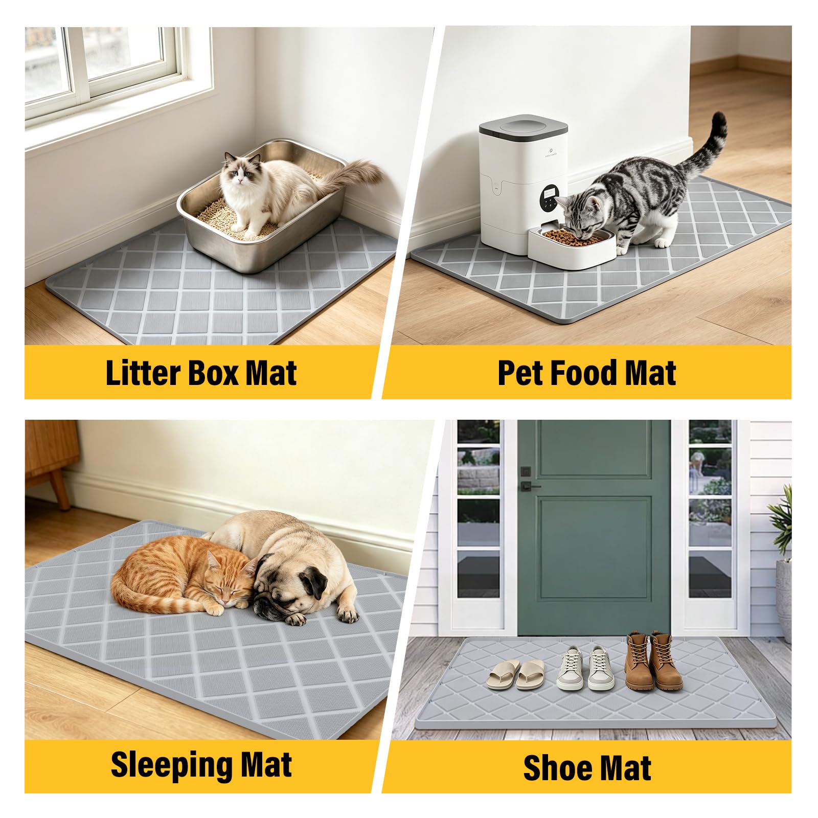127 x 89 cm Tapis de litière pour chat en silicone avec brosse Gris