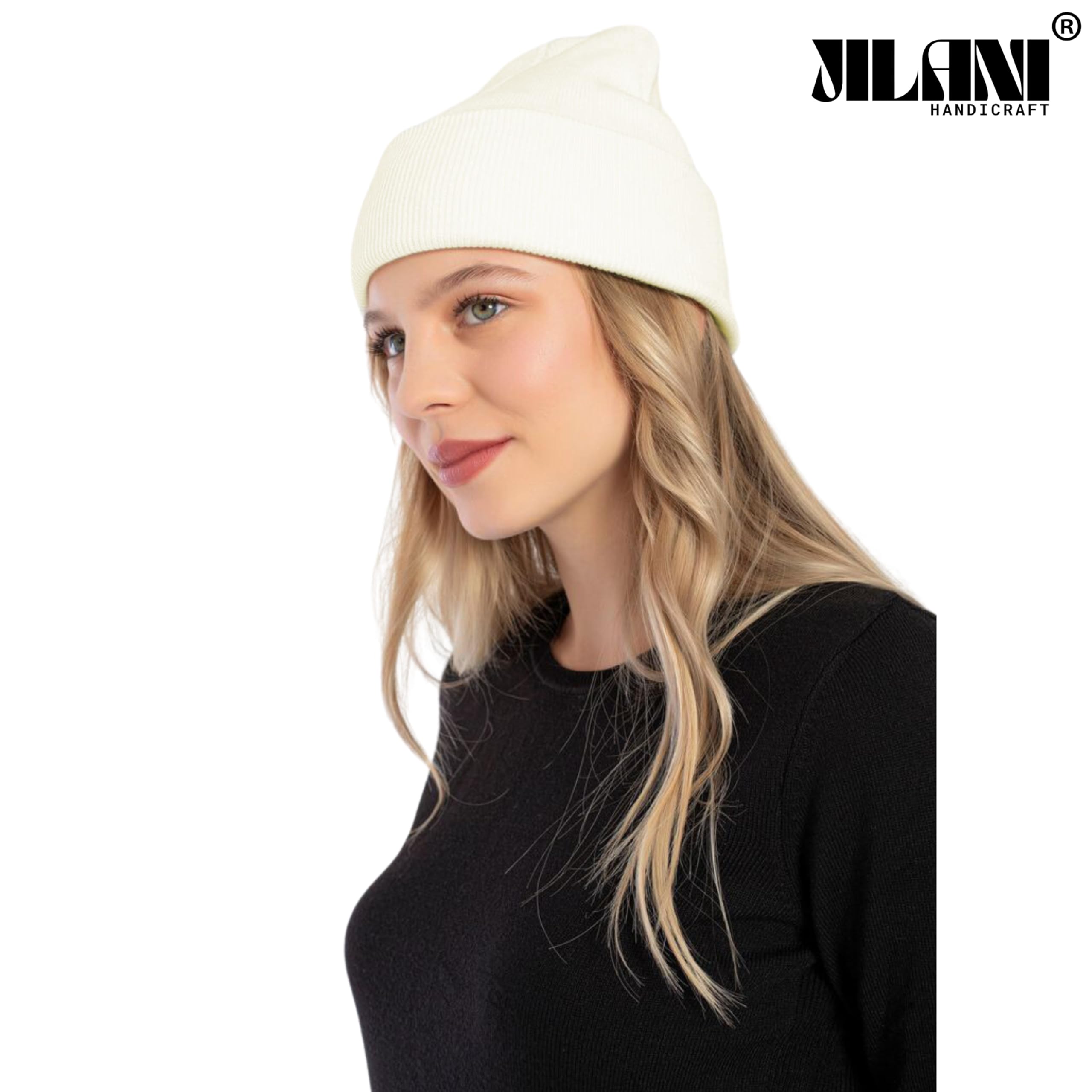 JILANI HANDICRAFT Soft Multicolor Winter Hats, Knitted Beanie Hats for Women & Men Knit Cuffed Beanies Women Plain Beanies, Cream, One Size 2