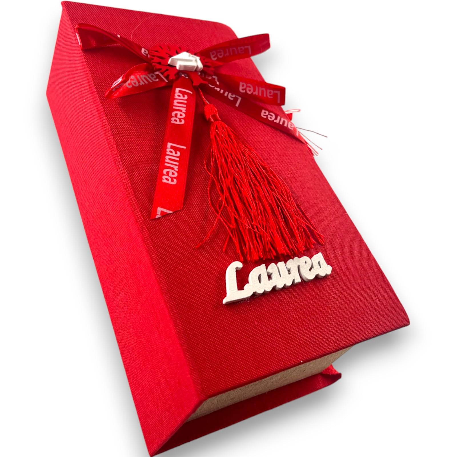 Scatola Box Libro Ricordo Laurea in Tela Rossa Decorazioni Bianche con 12 Scatoline Portaconfetti Idea Regalo Pary Cerimonia Festa