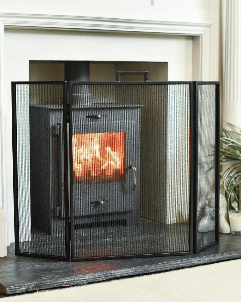 Black Country Metal Works Black Square Simplistic Contemporary Three Fold Fireguard Fire Screen – Classic Style Mesh Guard For Log Burners & Open Fires – Spark & Debris Protection