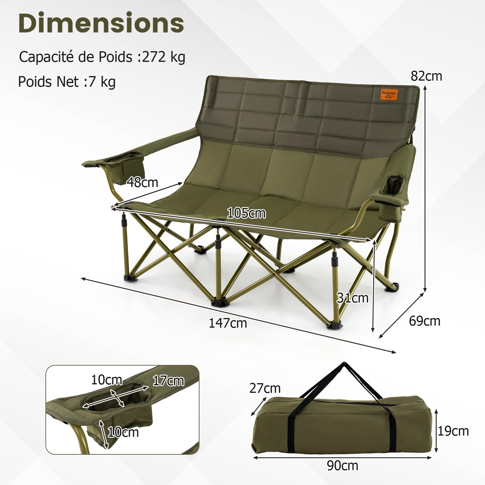 GOPLUS Chaise de Camping Double, Fauteuil de Plage Rembourrée avec Porte-Gobelets, Accoudoirs Réglables, Banc de Camping 2 Places Pliable pour Pêche, Camping, Pique-Nique, Plage, Charge 300KG (Vert)