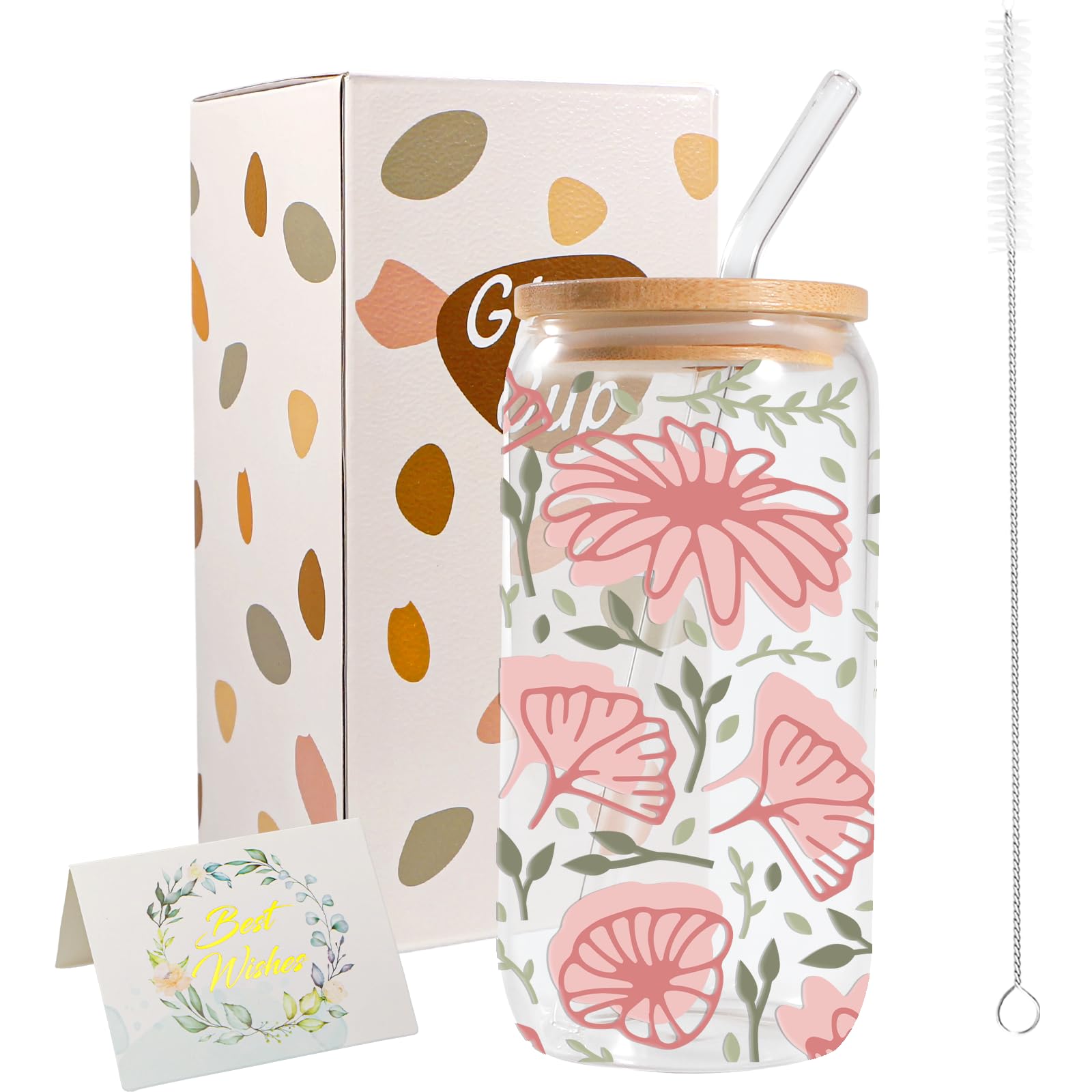 JEKUGOT 16oz Iced Coffee Cup, Personalised Glass Cups with Lids and Straws, Fun Mother's Day Gifts, Birthday Gifts for Mum, Friends,Teacher