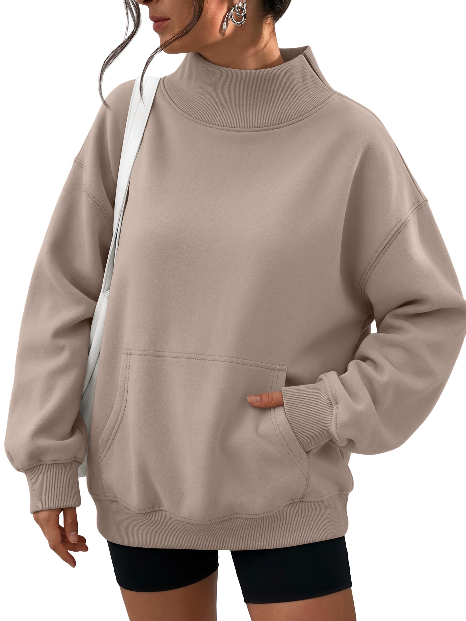 Trendy Queen Women’s Fleece Oversized Mock Neck Sweatshirts with Pocket | Dropped Shoulder, Fleece Lined, Kangaroo Pocket, Side-Slit MockNeck