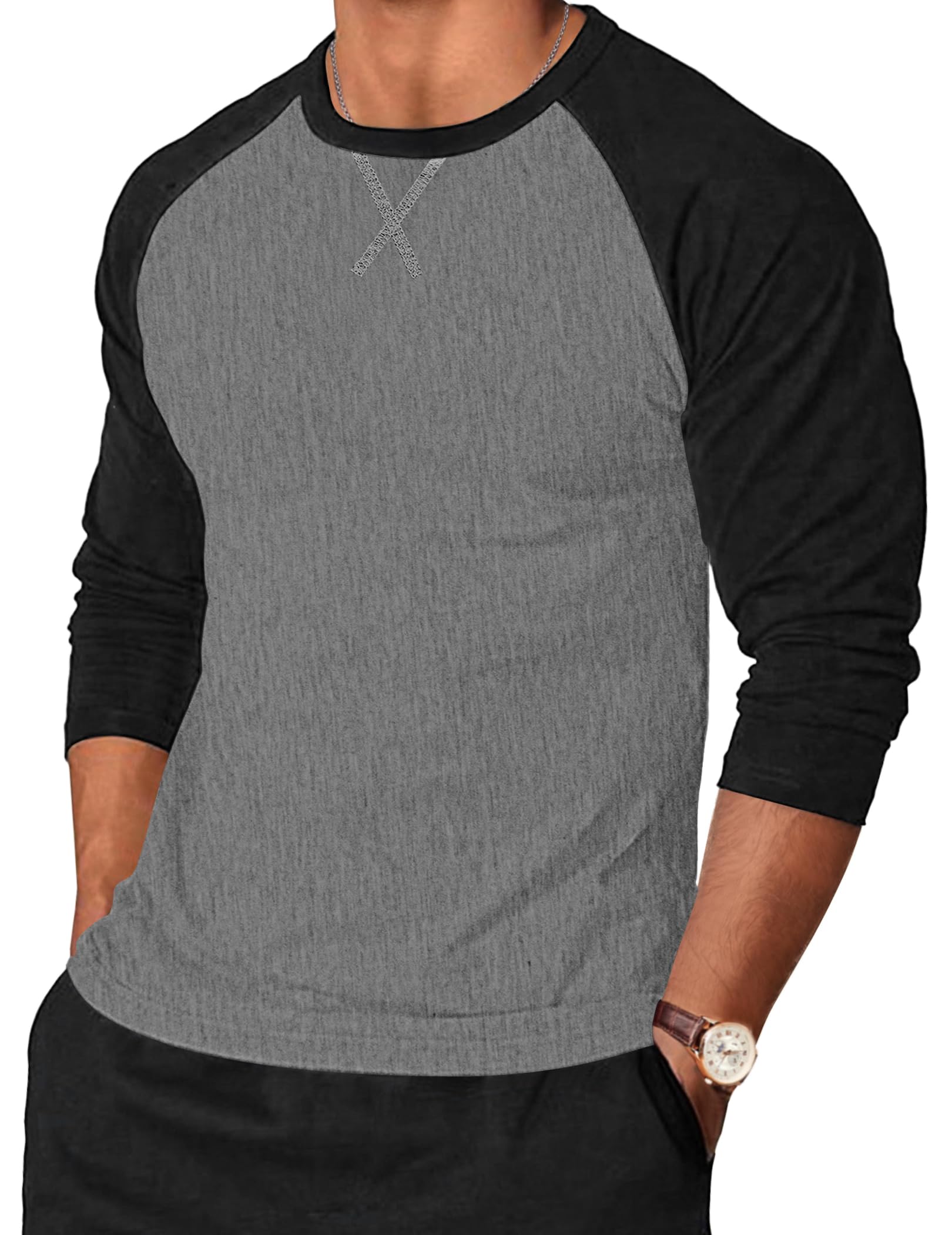 TARAINYA Langarmshirt Herren Rundhals Baumwolle Longsleeve M-4XL | 95%Baumwolle 5%Spandex, Langarm, Raglan‑Ärmeln, 'x' Ausschnittnäht, Farbblock‑Design