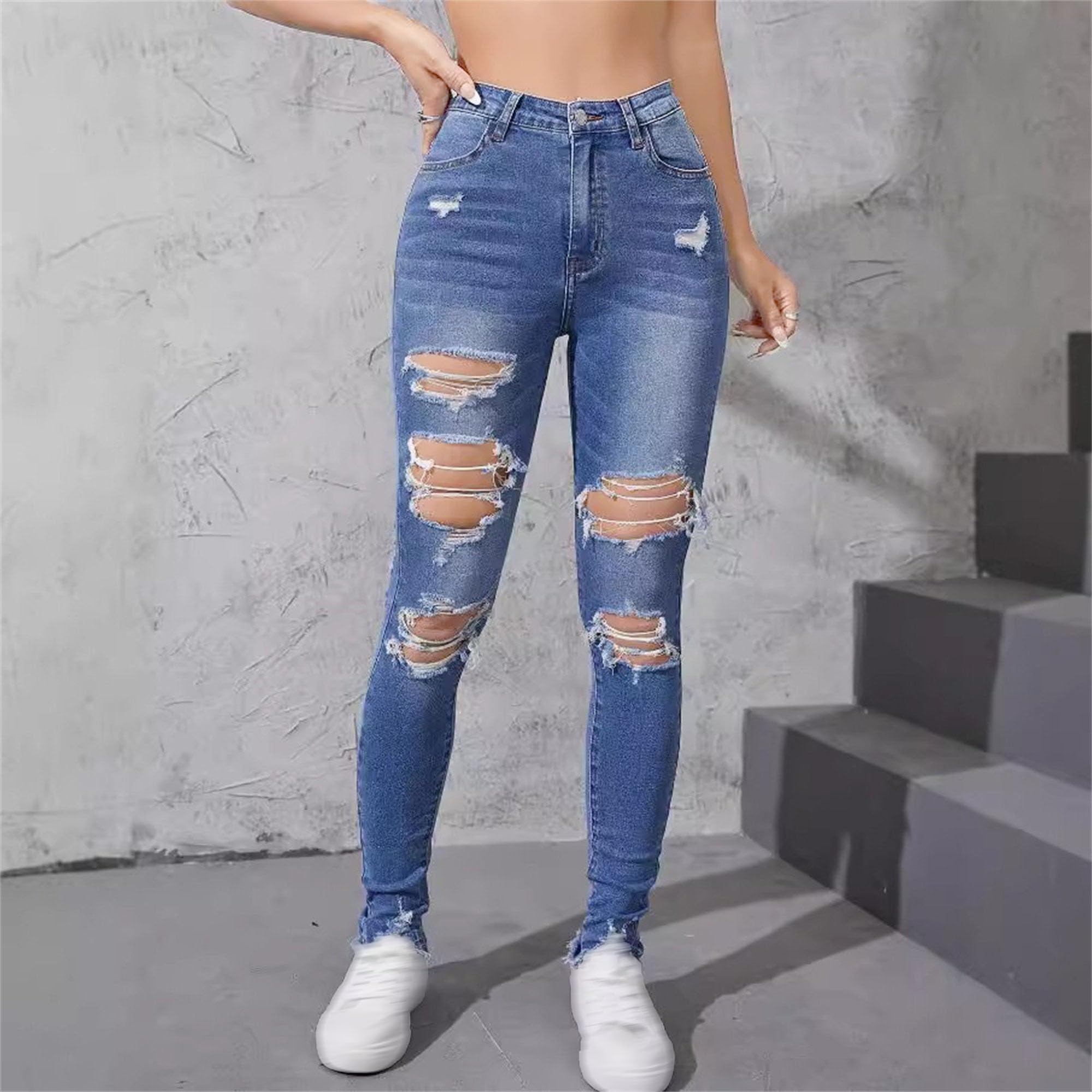 JEKE-DG Women's Distressed Skinny High Waisted Jeans Ripped Stretch Casual Denim Pants Slim Fit Pull-On Destroyed Jeans (Blue2,XX-Large)
