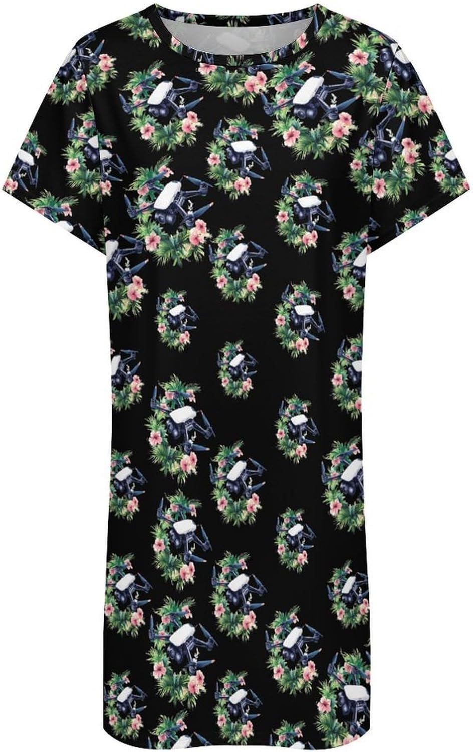 Unmanned Aerial Vehicle with Flower Nightgowns for Women Short Sleeve Sleep Dress Casual Sleepshirt Night Gowns Pajamas