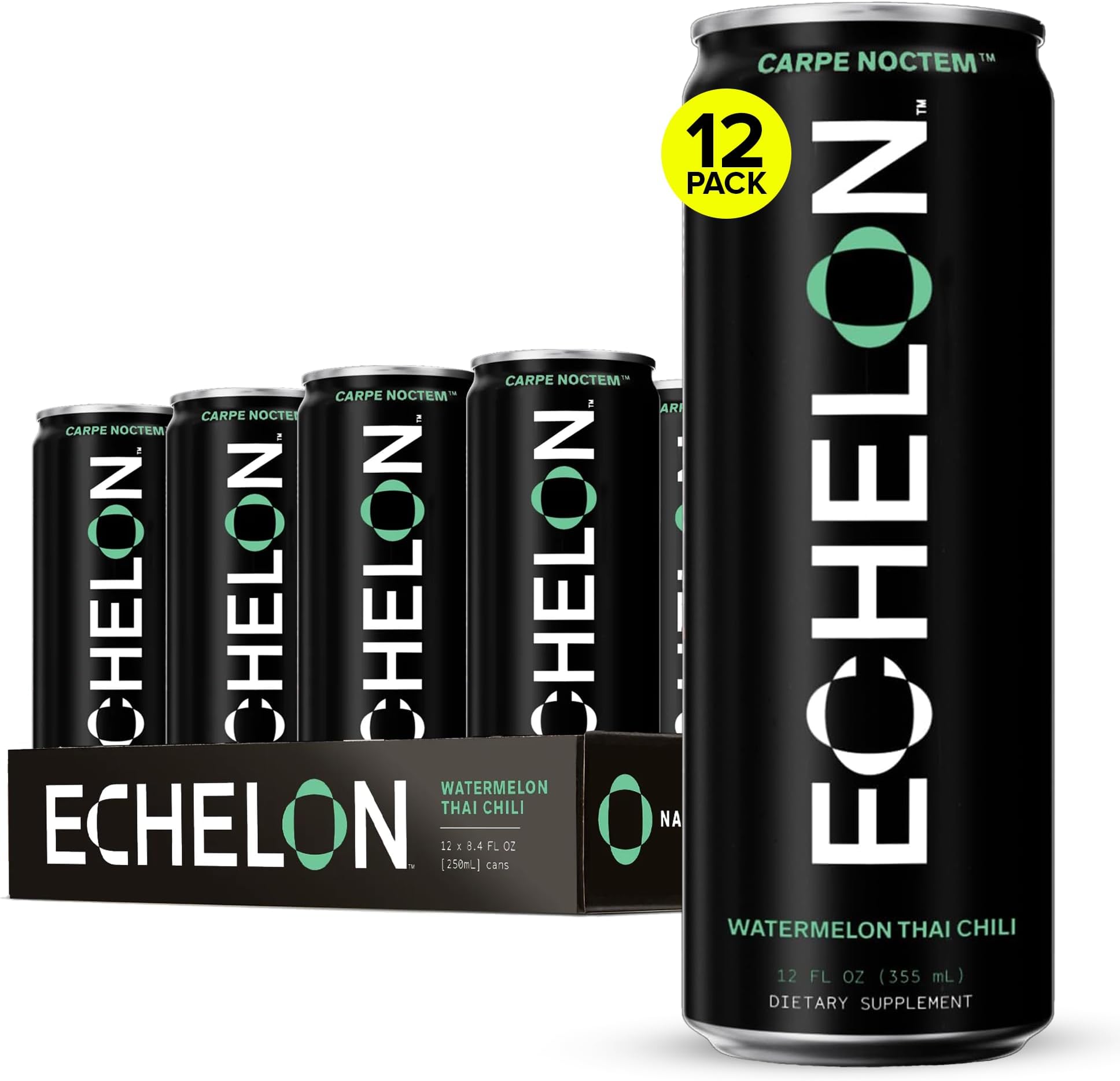 Echelon Pre-Workout Energy Drink | Watermelon Thai Chili | 12 Pack | Sustained Energy, Focus and Endurance Dietary Supplement | 300mg of Caffeine | Beta-Alanine, L-Theanine & Fiber | Vegan