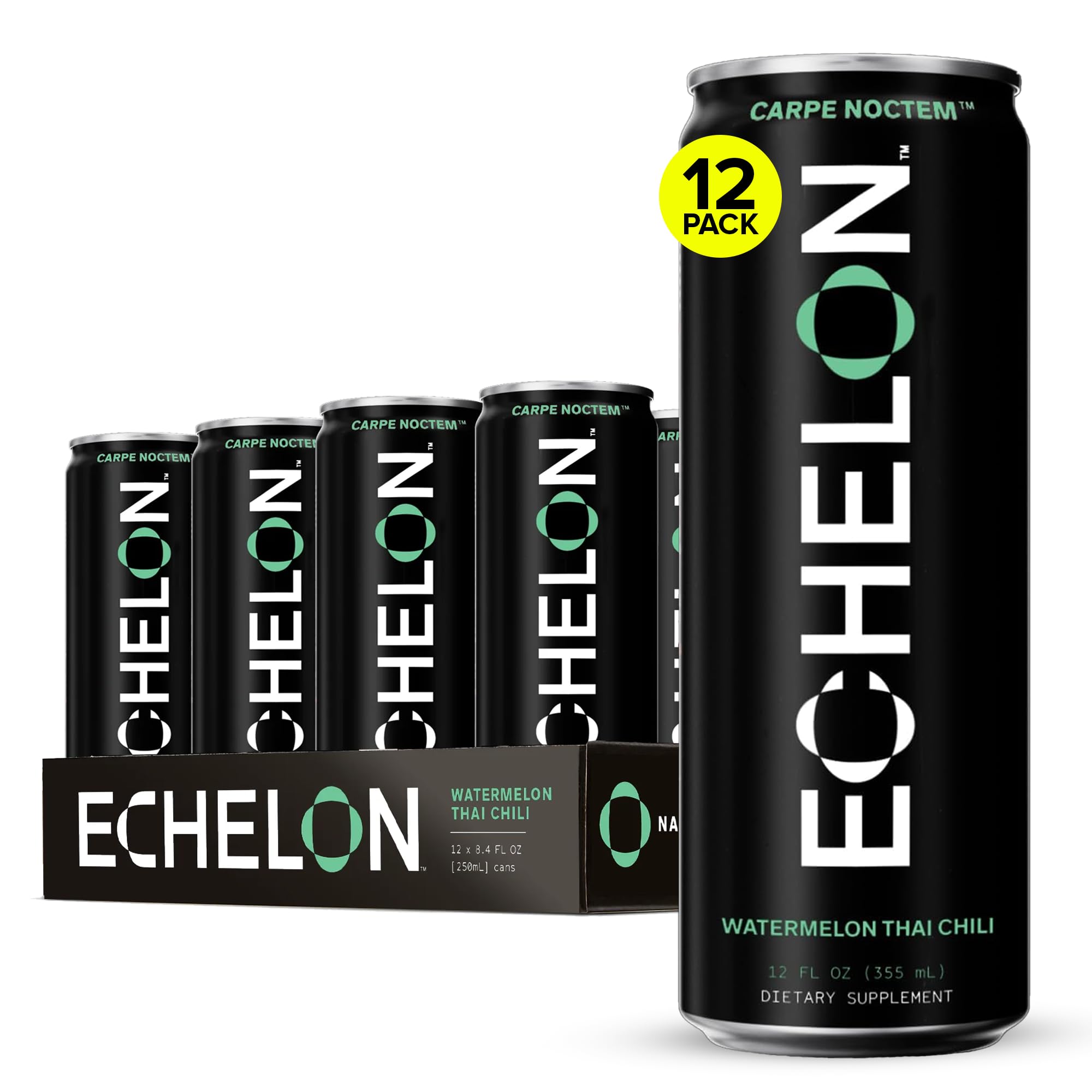 Bebida energética pre-entrenamiento Echelon | Sandía con chile tailandés | Paquete de 12 | Suplemento dietético para mantener la energía, la concentración y la resistencia | 300 mg de cafeína | Beta-alanina, L-teanina y fibra | Vegano