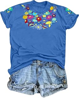 Mexican Shirts for Women Boho Embroidered Floral Shirt Fiesta T Shirt Casual Short Sleeve Tops