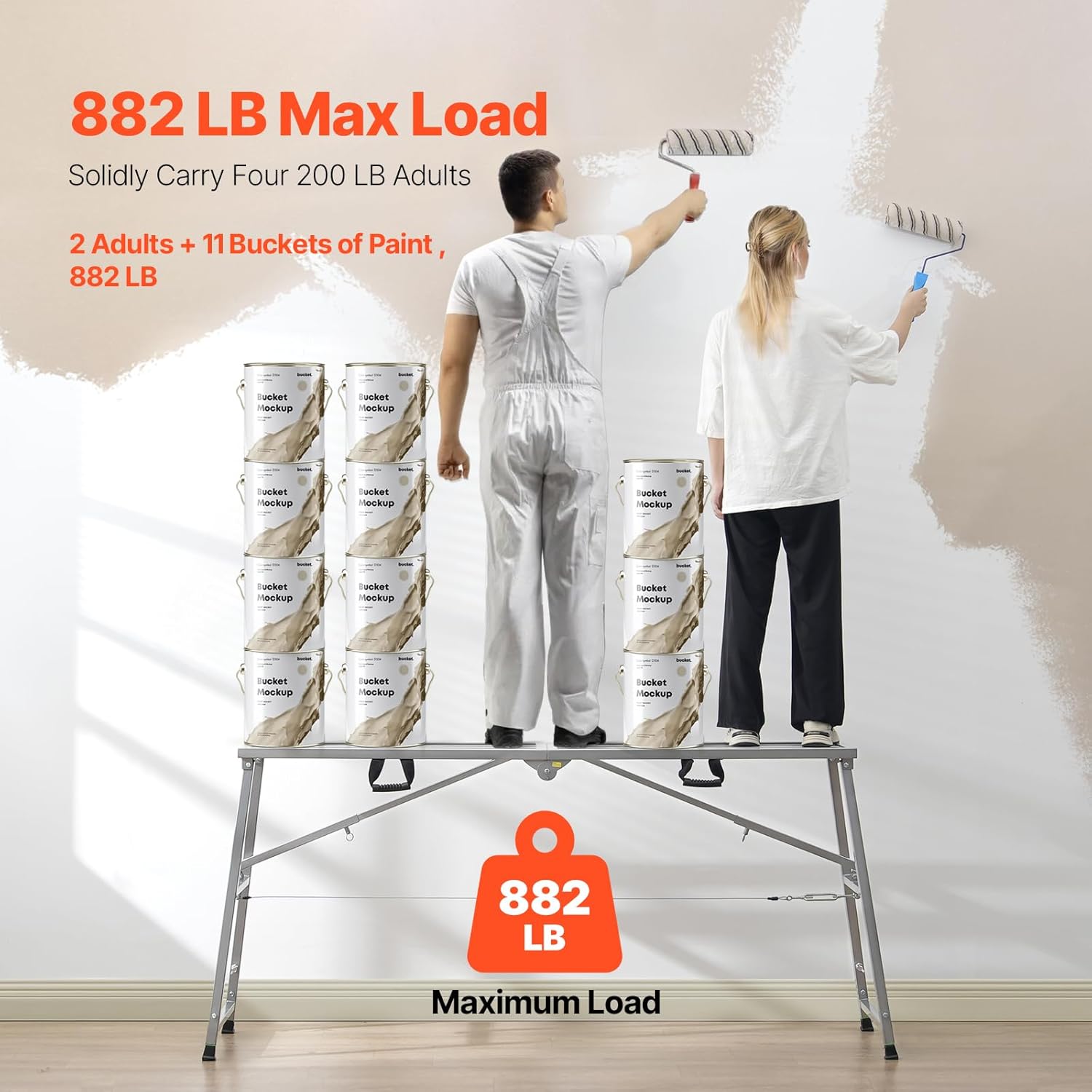 VEVOR Work Platform, 71"x 15" Portable Scaffolding Platform, Folding Steel Step Ladder Adjustable Height 35.4”-59.1”, 800 lbs Load Capacity, Non-Slip Drywall Painting Stool for Cleaning &Washing