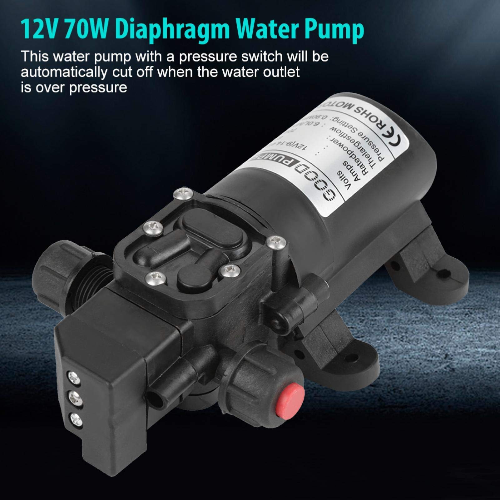 70W Bomba de Diafragma de DC12V, Bombas de Agua de Diafragma de Alta Presión Bomba Pulverizadora Eléctrica Autocebante para Jardín de 12V 6L/Min, para Caravanas, Autocaravanas, Embarcaciones Marinas