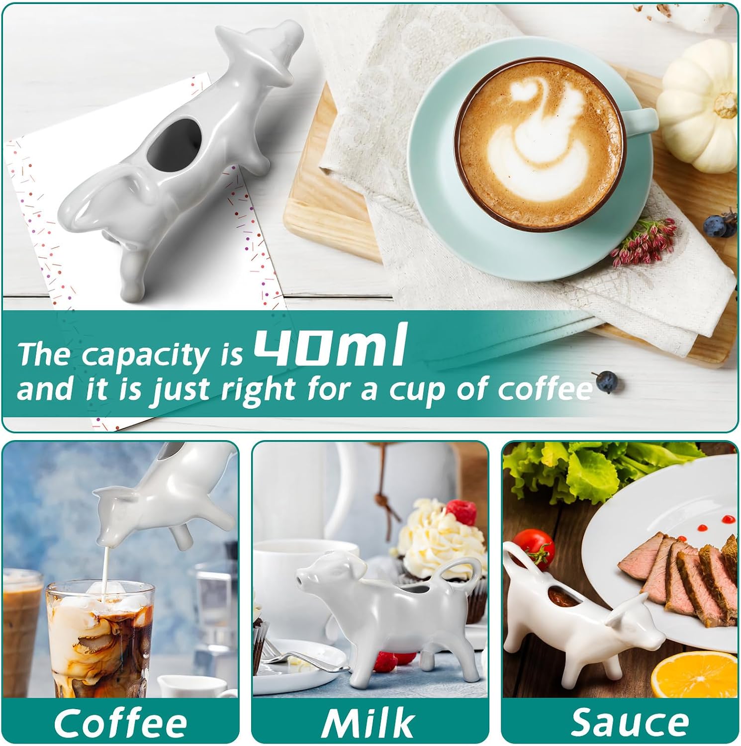 UPKOCH Cartoon Ceramic Milk Creamer Pitcher, Coffee Syrup Dispenser, Porcelain Sauce Pitcher for Home Use, 1pc White Cow-shaped Serving Jug