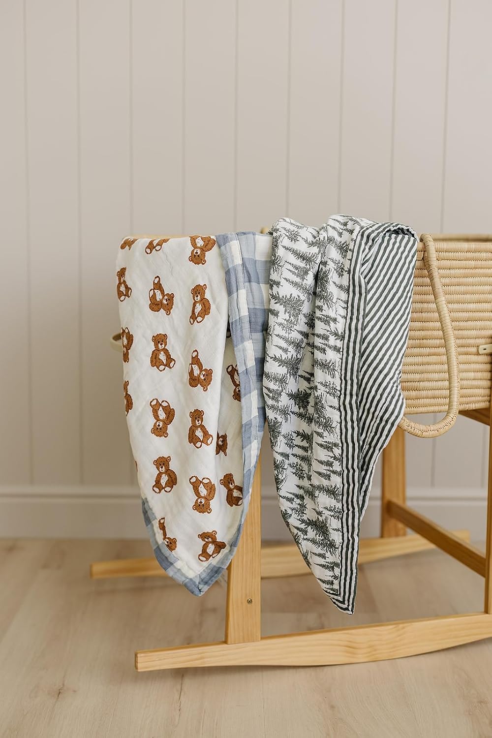 Mebie Baby Muslin Quilt, Dusty Blue Gingham Teddy Bear, 100% Cotton Baby Blanket for Girls & Boys, Newborns to Toddler, Soft Swaddle Blanket, 47"x47"