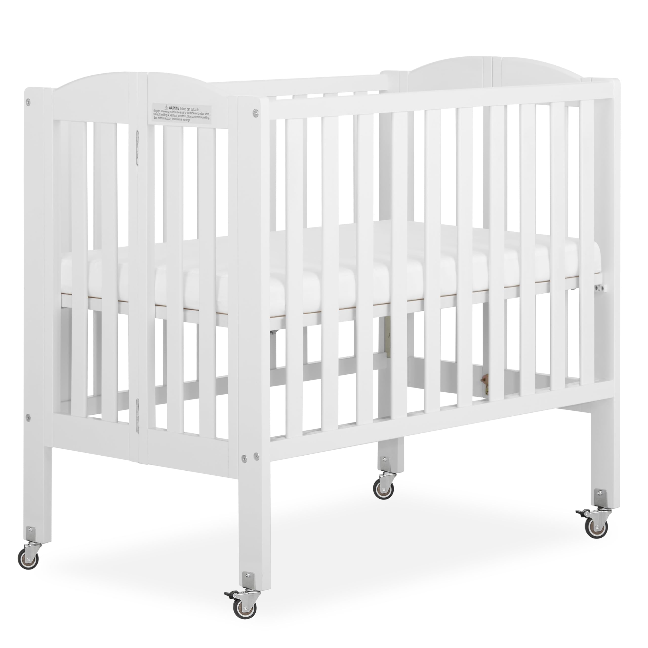Dream On Me 2-in-1 Folding Portable Compact Mini Baby Crib in White, GreenGuard Gold & BSA, US Patented Flat Folding System, Locking Wheels,1″