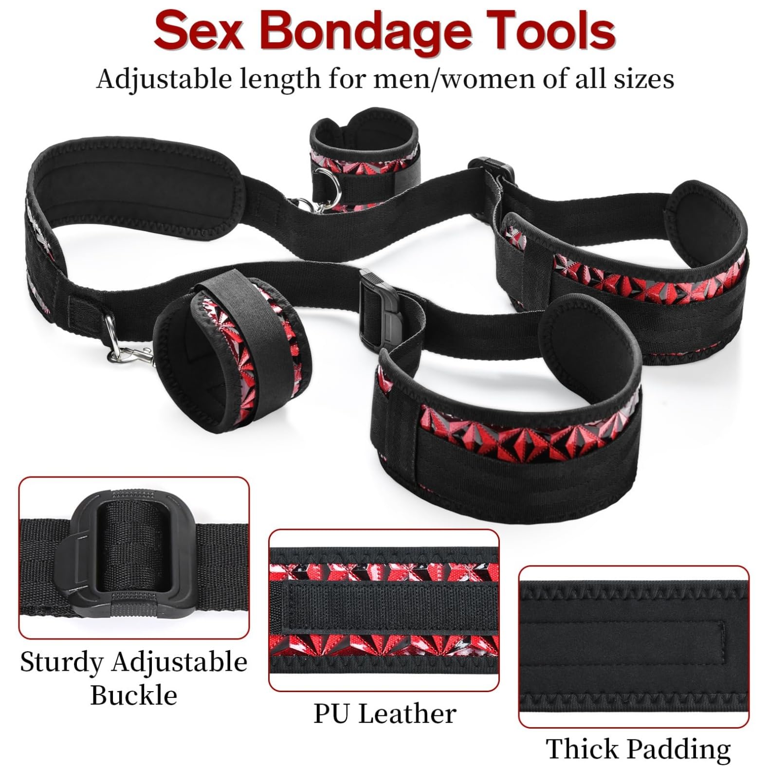 Sex Bondage BDSM Kit, Bed Restraints Set with Handcuffs Neck to Thigh/Ankle, Adjustable Leg Straps&Handcuffs for SM Adult Couples Game Play, Sex Toy for Women Beginner Leg Straps Tie Set Rope: Red Black