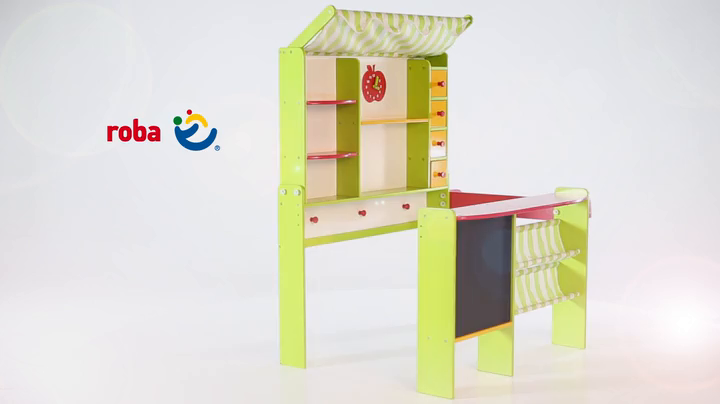 roba Kaufladen 'Marktstand', Kinder Kaufmannsladen, Holz grün/rot, Verkaufsstand mit Theke, Tafel, Seitentheke & Markise – Bild 7