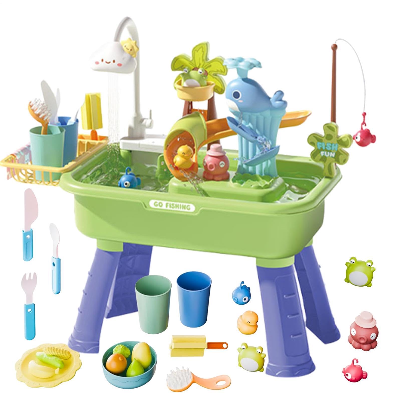 Tezklc Kids Water Table, ABS Play Sink With Running Water And Pump - Realistic Waters Flow | Creative Fishing Toy Set Or Boys Girls Kids Adults Birthday Summer Outdoor Beach Garden 54x29x53cm