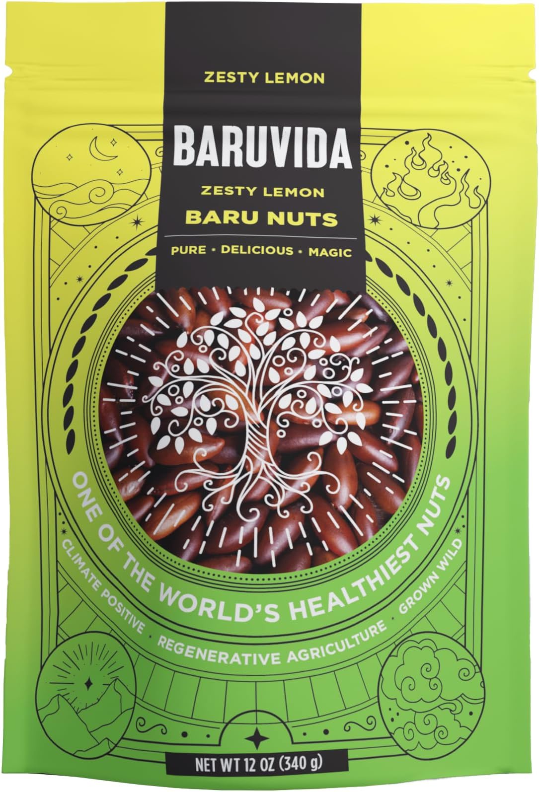 Baruvida Baru Nuts Zesty Lemon Flavor | World's Healthiest Nut | Crunchy and Delicious | Healthy Snack | High Protein, Lowest Fat and Lowest Calorie Nut | Suitable for Vegan, Gluten Free, Keto, Peanut Free | Naturally Non GMO | SUPERFOOD with SUPER TASTE | 12oz (340g) Resealable Bag