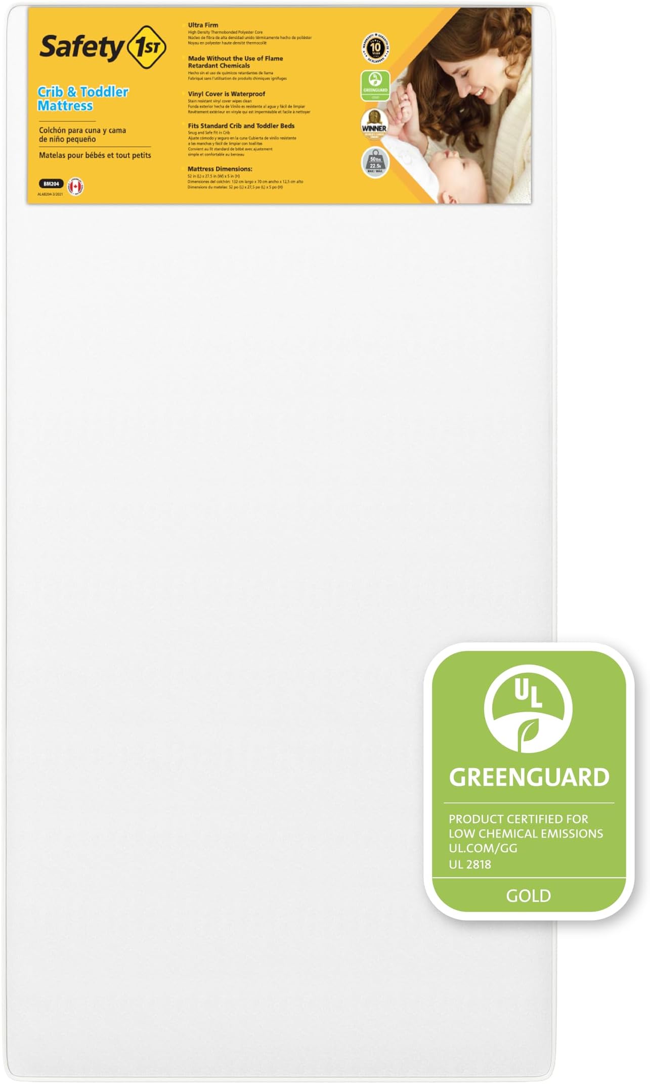 Safety 1st Heavenly Dreams Baby Crib & Toddler Bed Mattress, Waterproof Cover, Firm, Fits Standard Size Cribs & Toddler Beds, White