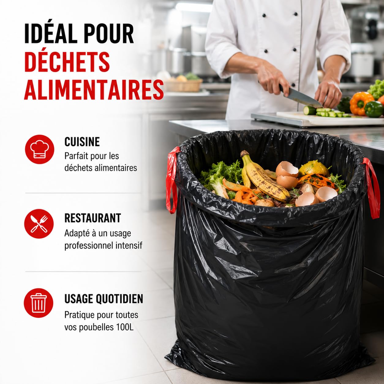 Bolsa de basura de 100 L, enlace deslizante, 50 bolsas de basura de 100 litros, negras, ultra resistente (40 µ) y antifugas, residuos alimentarios | cierre de enlace y asa | práctica e higiénica |