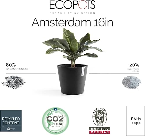 Miniatura 7 de Ecopots Amsterdam Maceta redonda de plástico reciclado duradera para interiores y exteriores (gris oscuro, 16 pulgadas)
