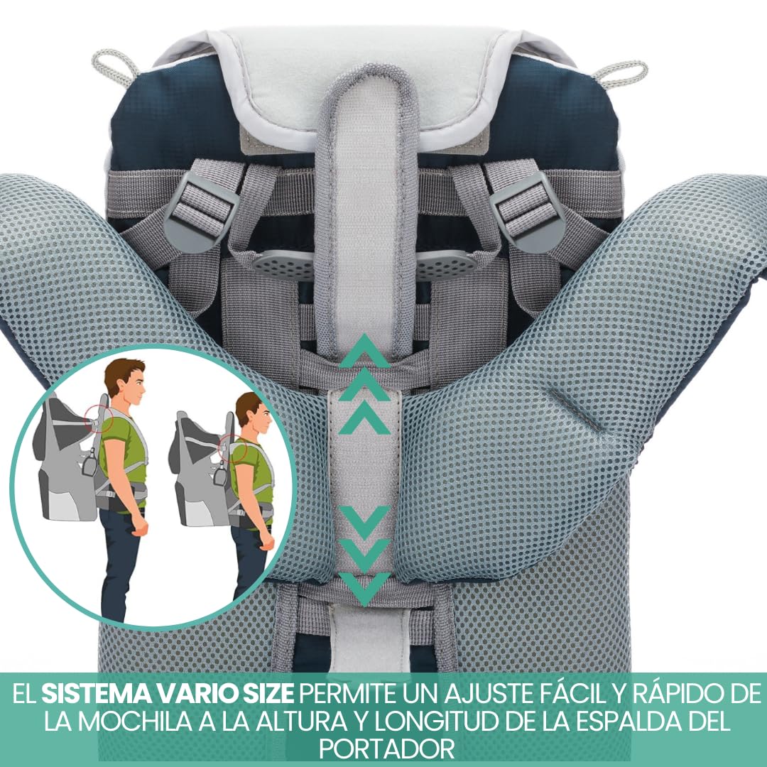 Fillikid Mochila Portabebés Senderismo - Portabebes Trekking desde 6 Meses hasta 18 kg, Mochila Bebe con Protección Solar, Mochila Infantil y Compartimentos de Almacenamiento - Azul/Gris
