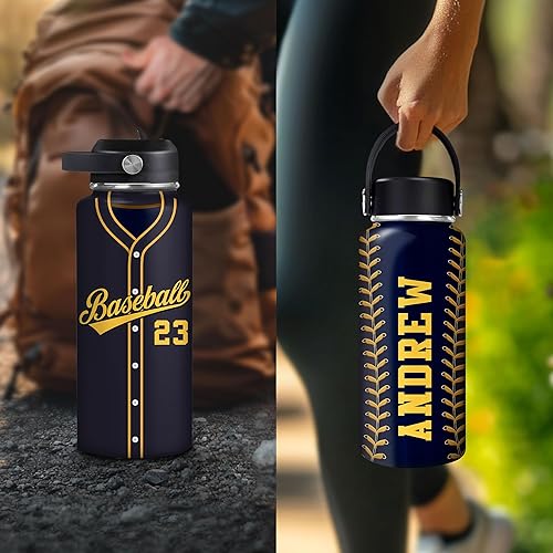 Vista 16 de Hyturtle Botella de agua de béisbol personalizada, botella de acero inoxidable aislada de viaje con tapa a prueba de fugas, 18 onzas, 32 onzas
