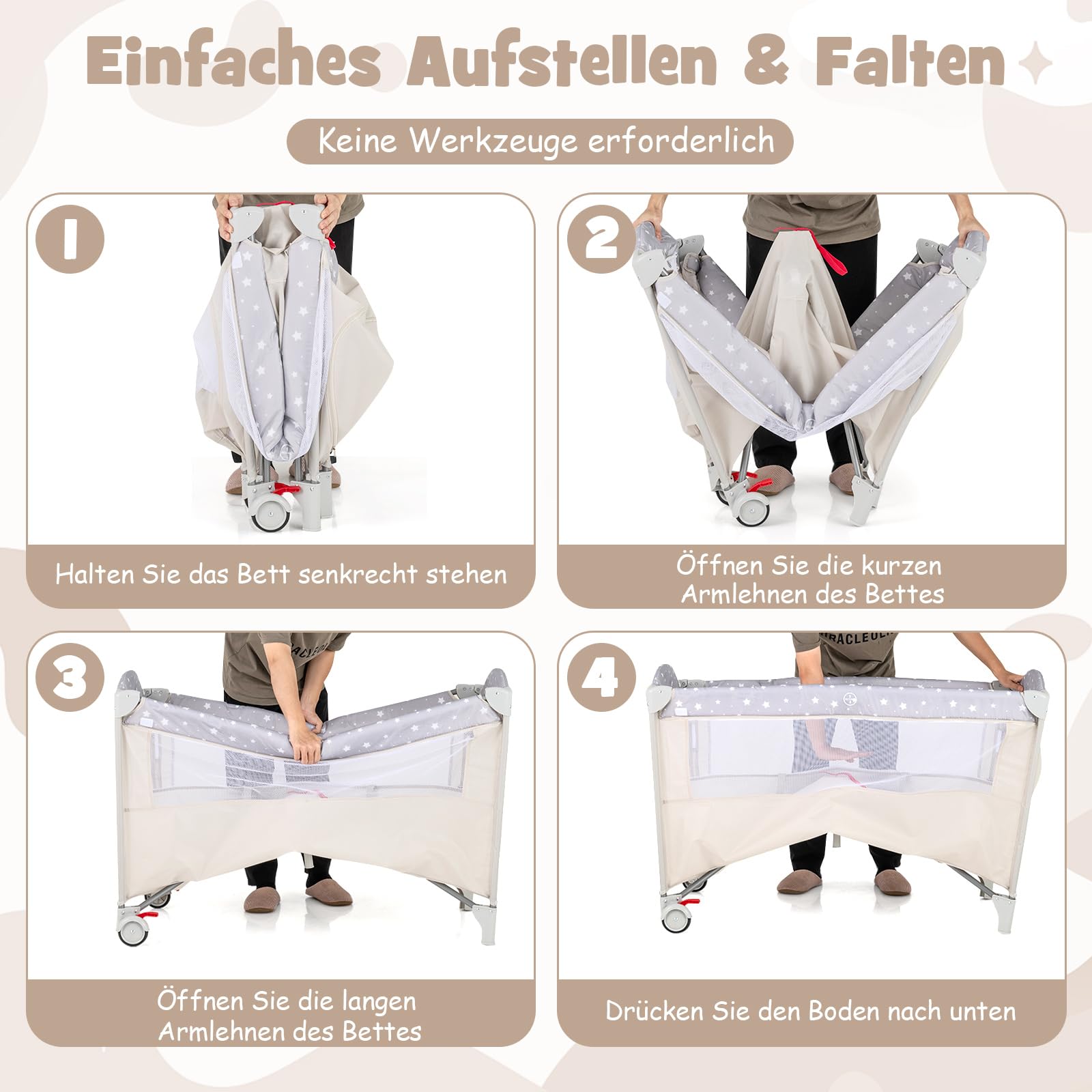 COSTWAY 5 in 1 Beistellbett klappbar, Reisebett mit Matratze, 2 Ebene Babybett mit Rollen, Spielbogen & Wickelauflage, Stubenwagen mit Tragetasche für Baby bis 3 Jahren (Beige)