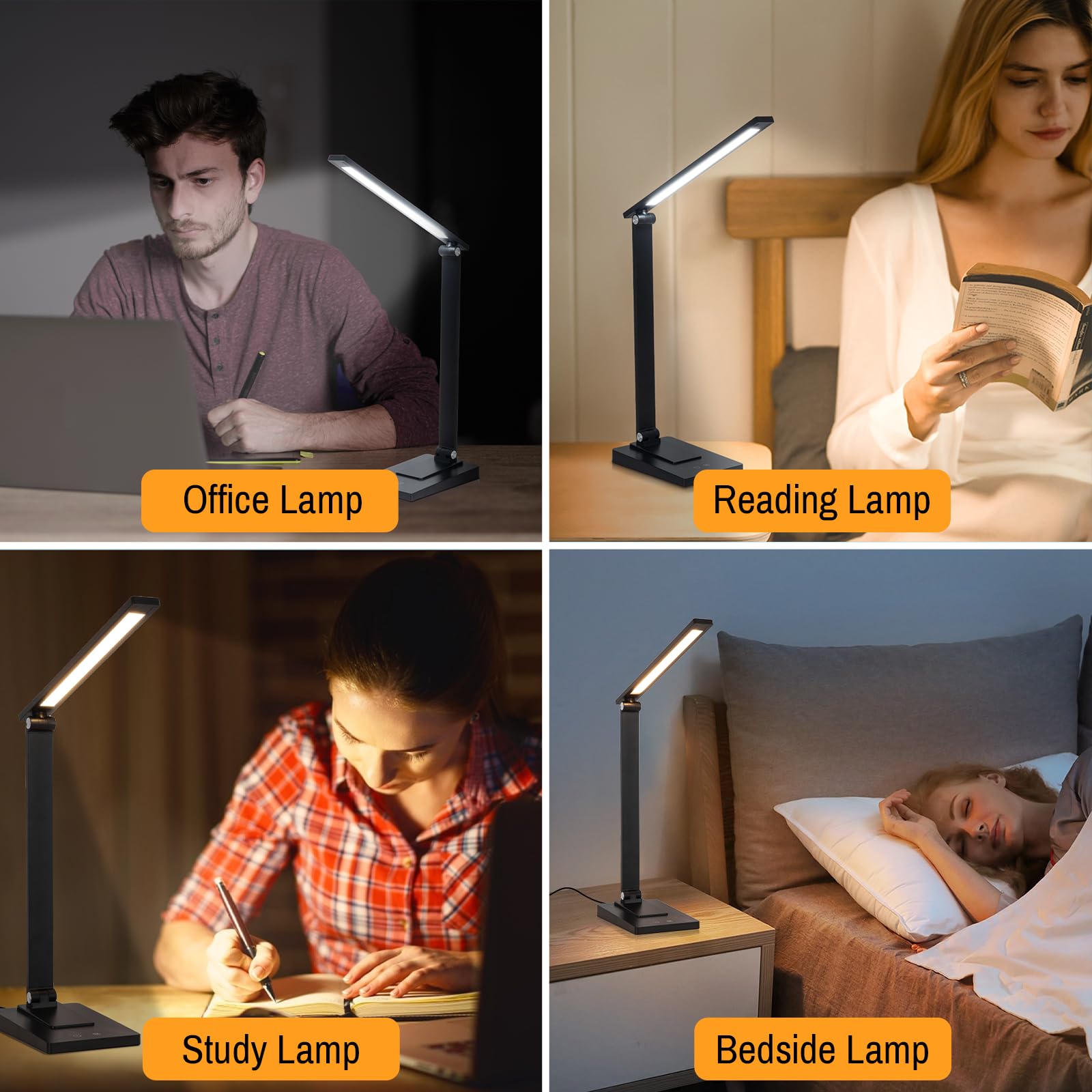 Lámpara Escritorio LED, 800LM 2600mAh Flexo LED Escritorio sin Cable, 5 Modos, 5 Niveles de Brillo Lámpara de Mesa Aluminio & Plegable con Puerto USB para Cama, Estudiar