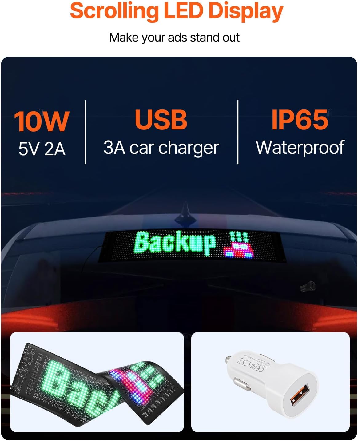 Mobile app interface for controlling the VEVOR LED sign, showing playlist and content options