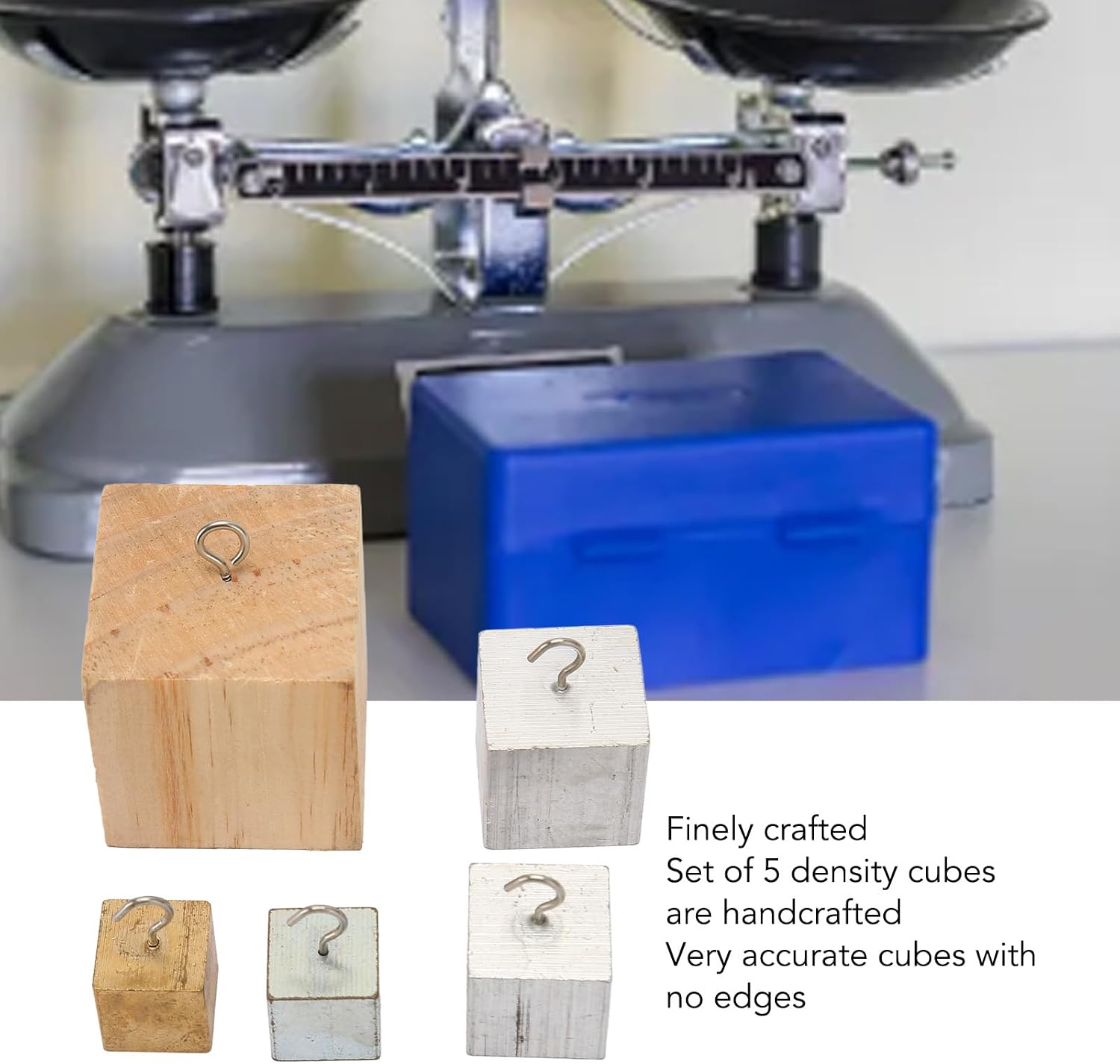 Set of 5 Density Blocks, Copper Iron Aluminum Wood Density Cubes for Physical Science Education, with Plastic Storage Case, for Laboratories, Schools