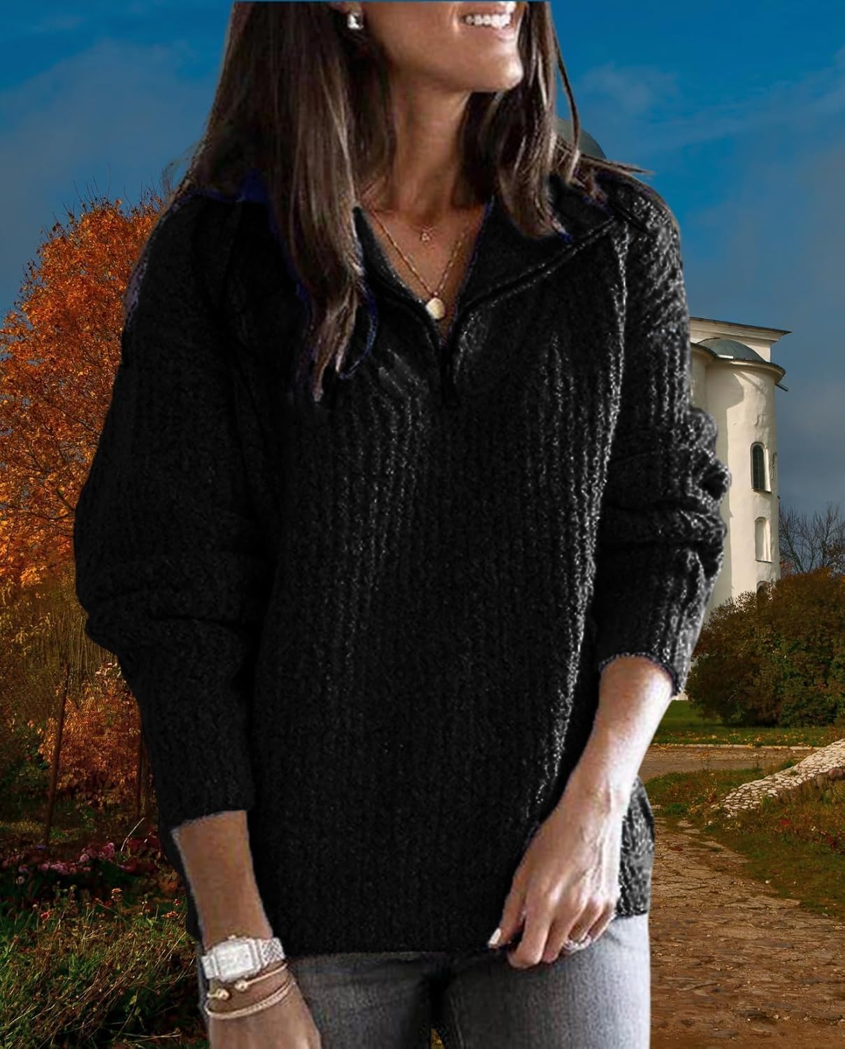 Women's Pullover Sweater - Fall Winter Loose Fit 1/4 Zip Solid Color Casual Top for Vacation Daily Wear - Image 2