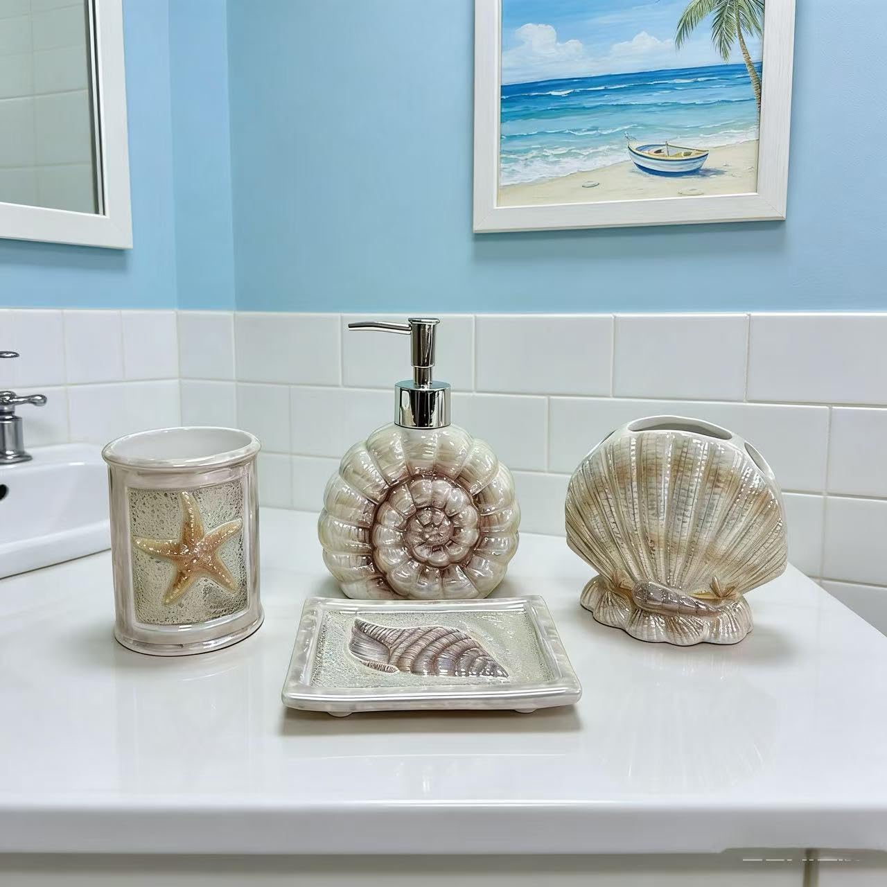Ceramic Ocean Badezimmer-Zubehör-Set, 4-teiliges 3D-Conch-Muschel-Badezimmer-Ensemble-Set mit Zahnbürstenhalter, Zahnputzbecher, Seifenspender, Seifenschale (gelb matt)