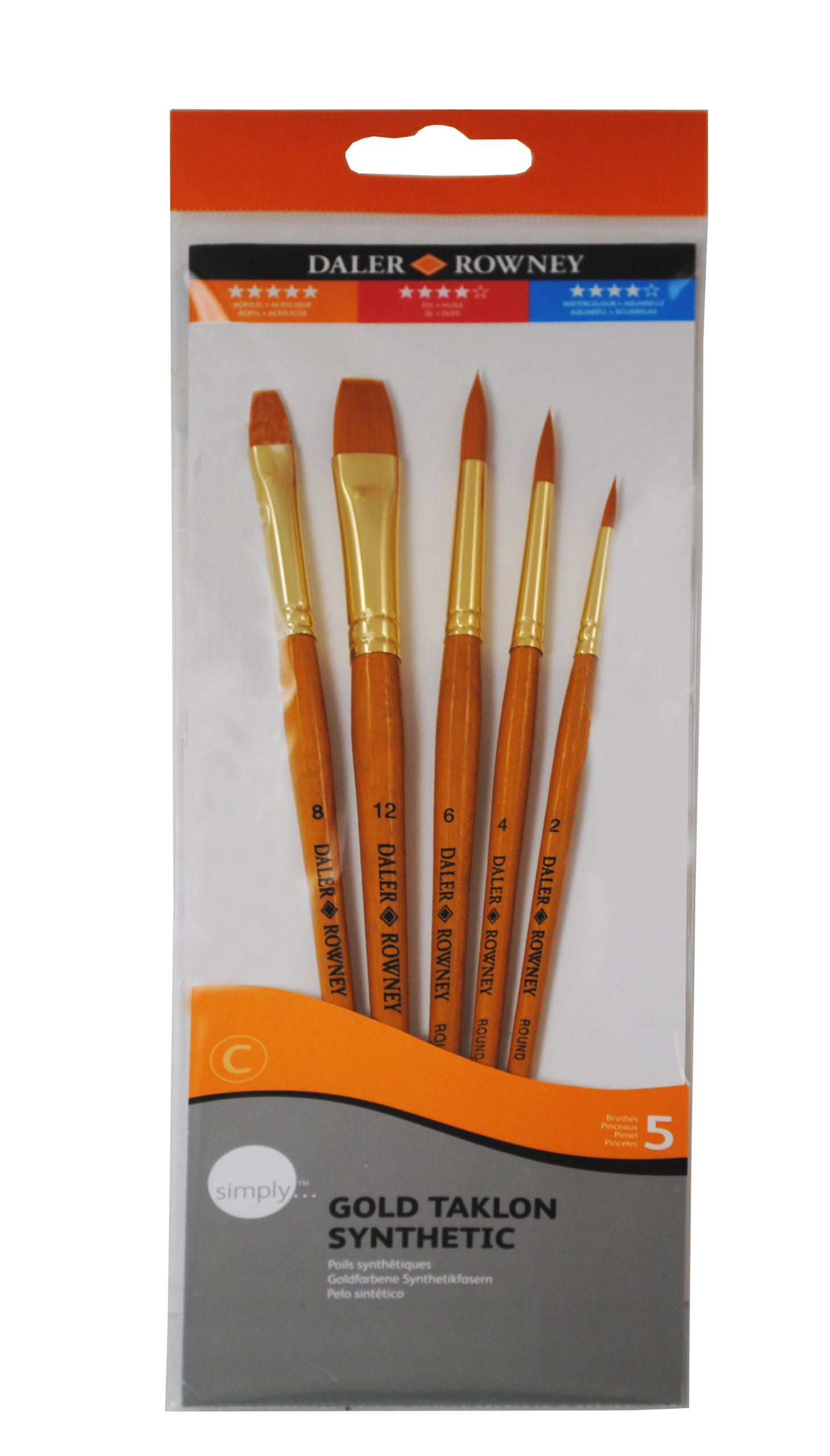 Daler-Rowney Simply Gold Taklon Synthetic Hair Acrylic Brush Set with Short Handles, 5 Assorted Brushes, For Entry-Level Artists & Hobbyists — image 1
