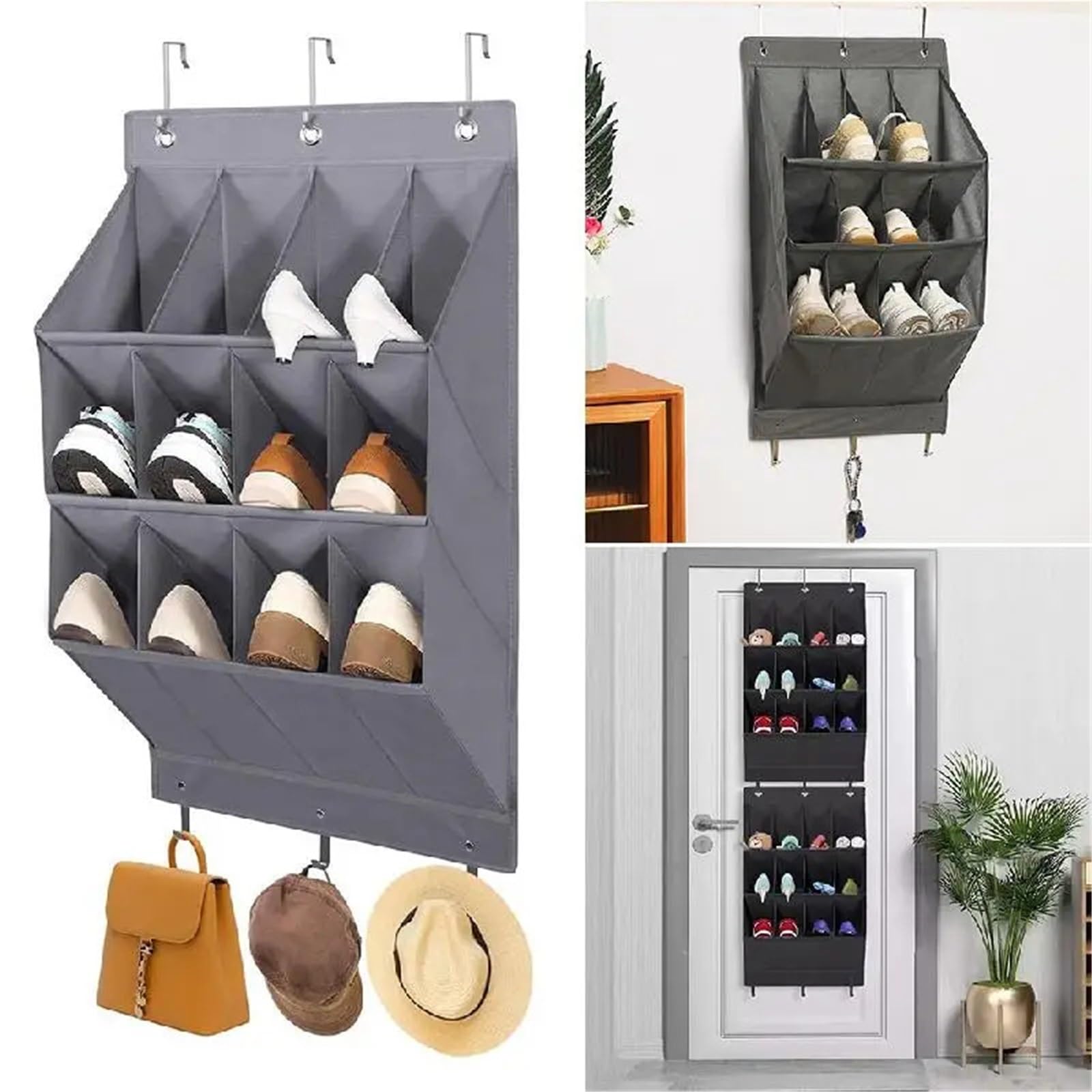 Organisateur Suspendu Rangement Mural de Poche à 11 ou 12 Compartiments, Organiseur de Rangement for Chaussures, Articles Divers, avec Porte de Salle de Bain et Placard(Gray,XX-Large)