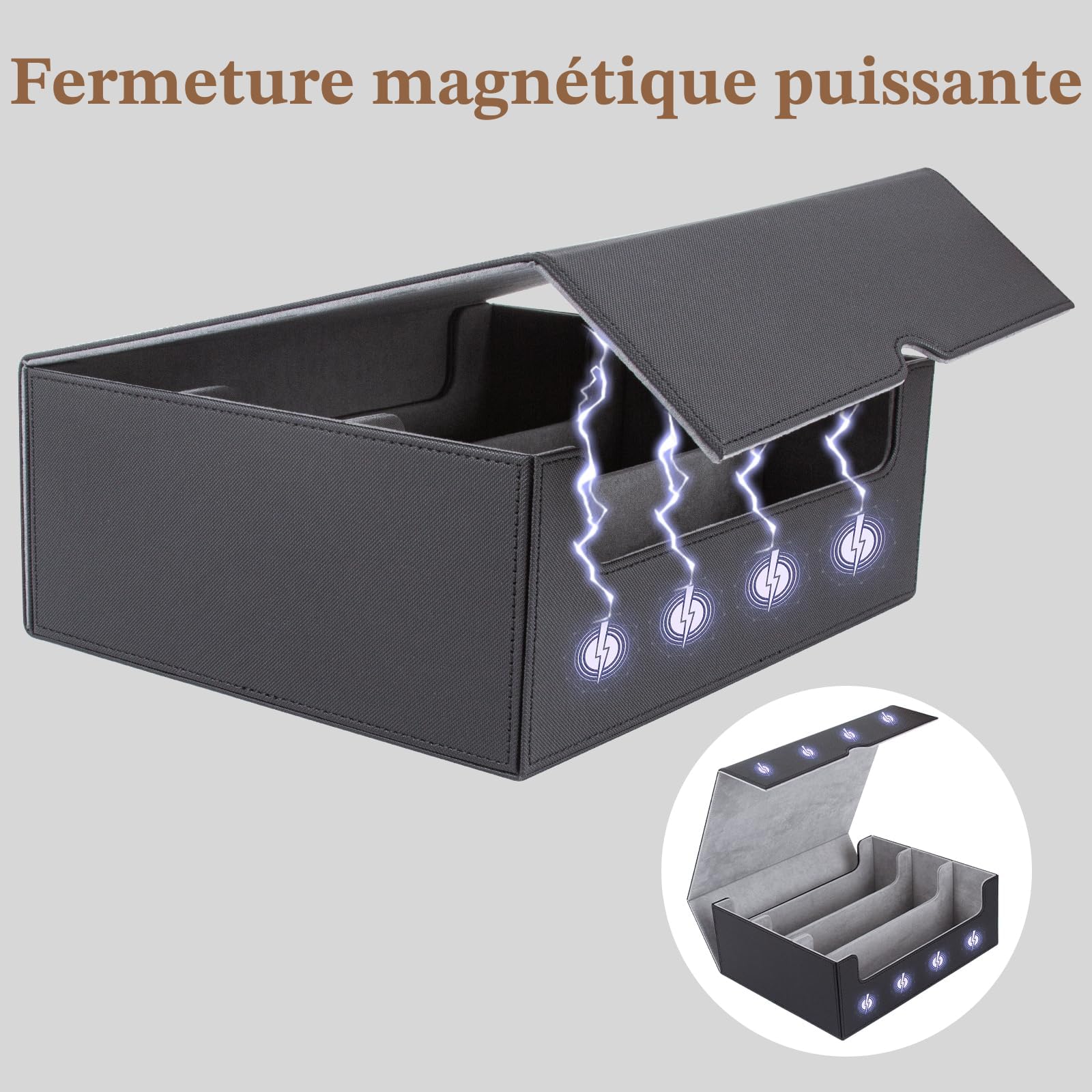 ECOSEAO Boîte à Cartes Pour MTG, Boîte de Rangement Cartes Magnétique, Magnetic Deck Box en Cuir pour Plus de 1800 Cartes, Boîte de Rangement pour Carte à Collectionner pour TCG Carte(Noir-gris)