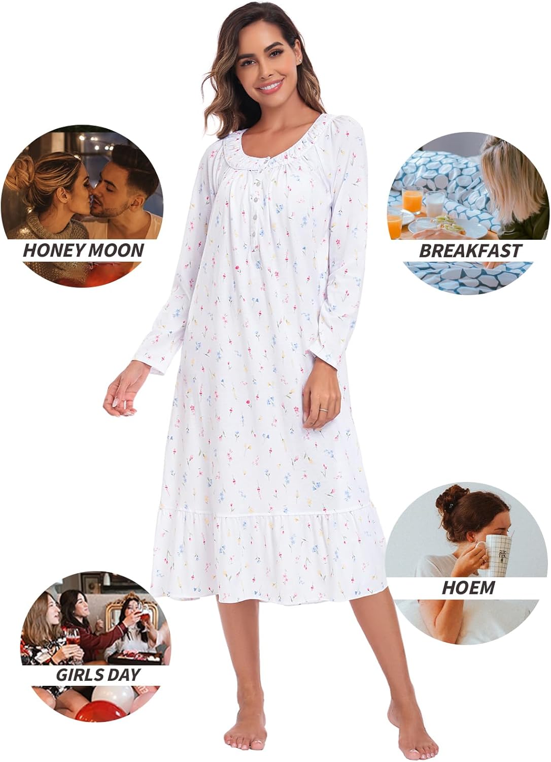 FMIRREO Cotton Nightgowns for Women Long Sleeve Soft Long Warm Nightdress Kintted Night Gown Ladies Nightdress - Image 3