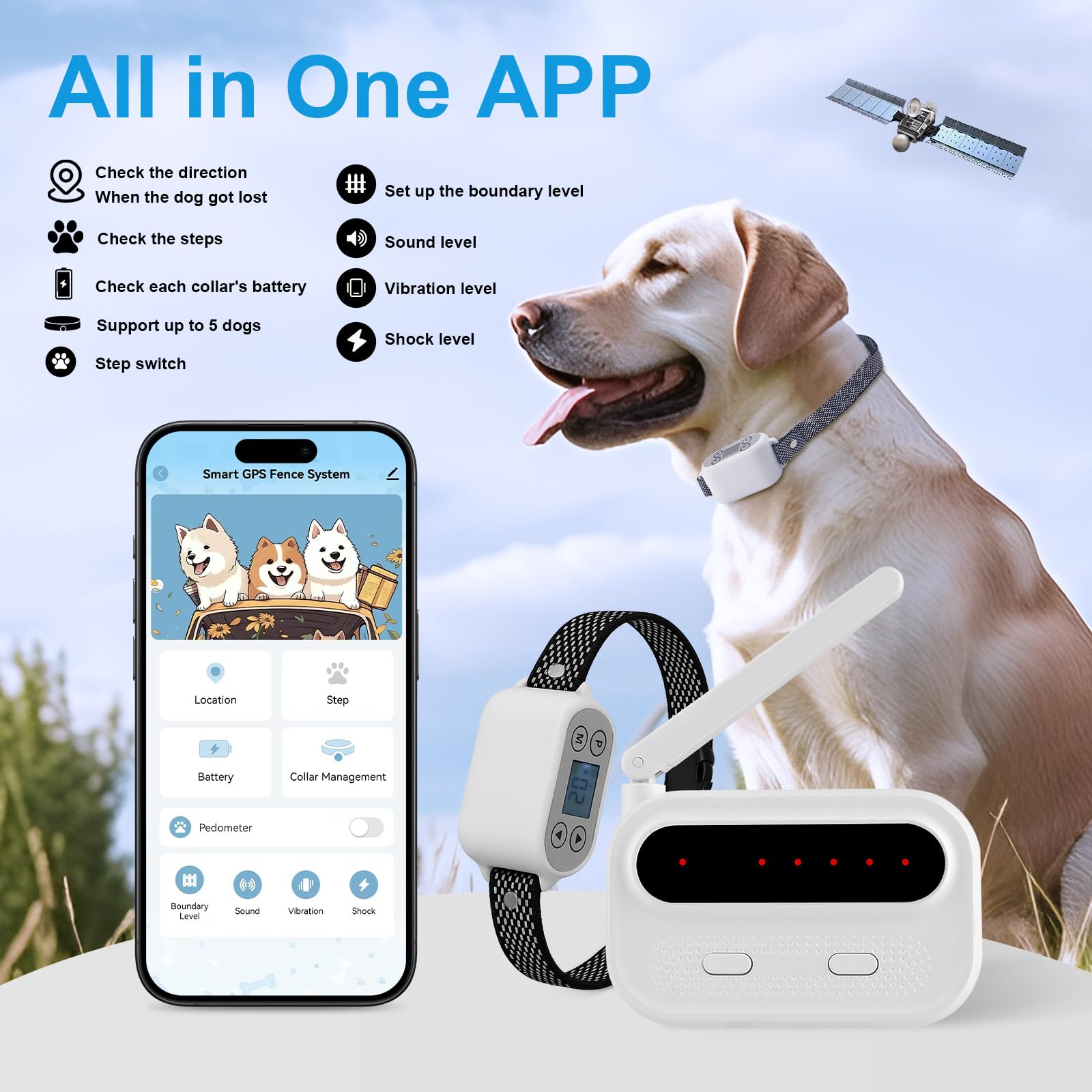 GPS Wireless Dog Fence System with App Control - No Subscription & No Wire, up to 984 FT IPX7 Waterproof Electric Pet Containment Collar with Beep/Vibration/Shock, Support up to 5 Dogs(White) - image 3