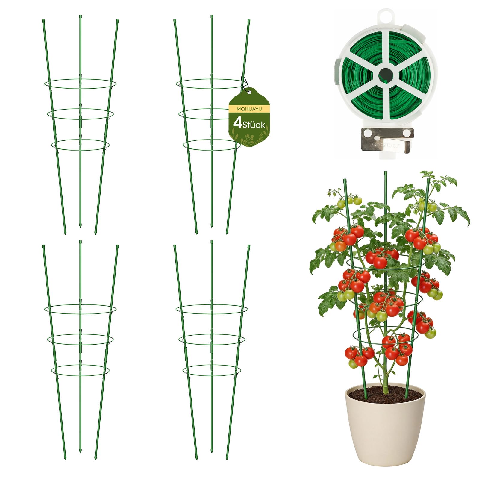MQHUAYU 90cm Tomaten Rankhilfe 4 Stück, Metall Rankhilfe mit 3 Verstellbare Ringe, Rankstütze Kletterpflanzen, Tomatenkäfig Pflanzenstütze für für Tomaten Blumen Verwendet, Grün