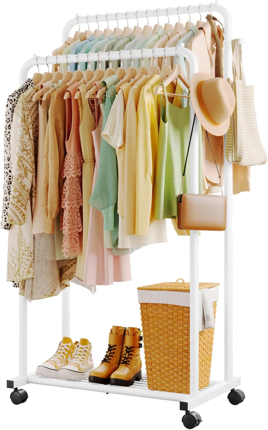 Clothes Rack - Double Rods Clothing Rack with Mesh Shelf, Hooks & Wheels, Metal Clothing Racks for Hanging Clothes & Bags, Multifunctional Garment Rack for Laundry, White, 28.7" x 16.5" x 59.1"