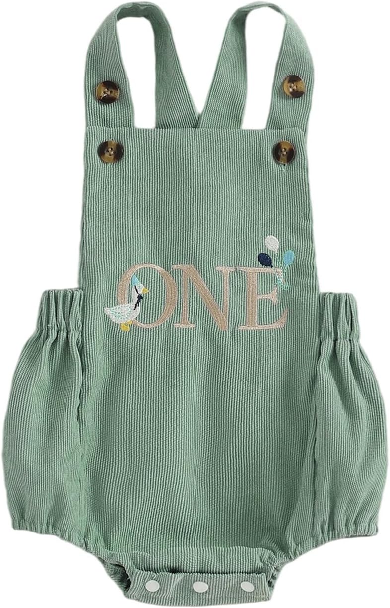 luethbiezx Infant Baby Boys First Birthday Outfit 1st Birthday Sleeveless Corduroy Animal ONE Embroidery Overalls Romper (Green Silly Goose, 12-18 Months)