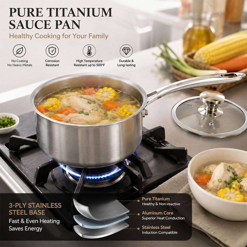 Pure Titanium Saucepan with Lid, 7.09 Inch Coating-Free Titanium Pot